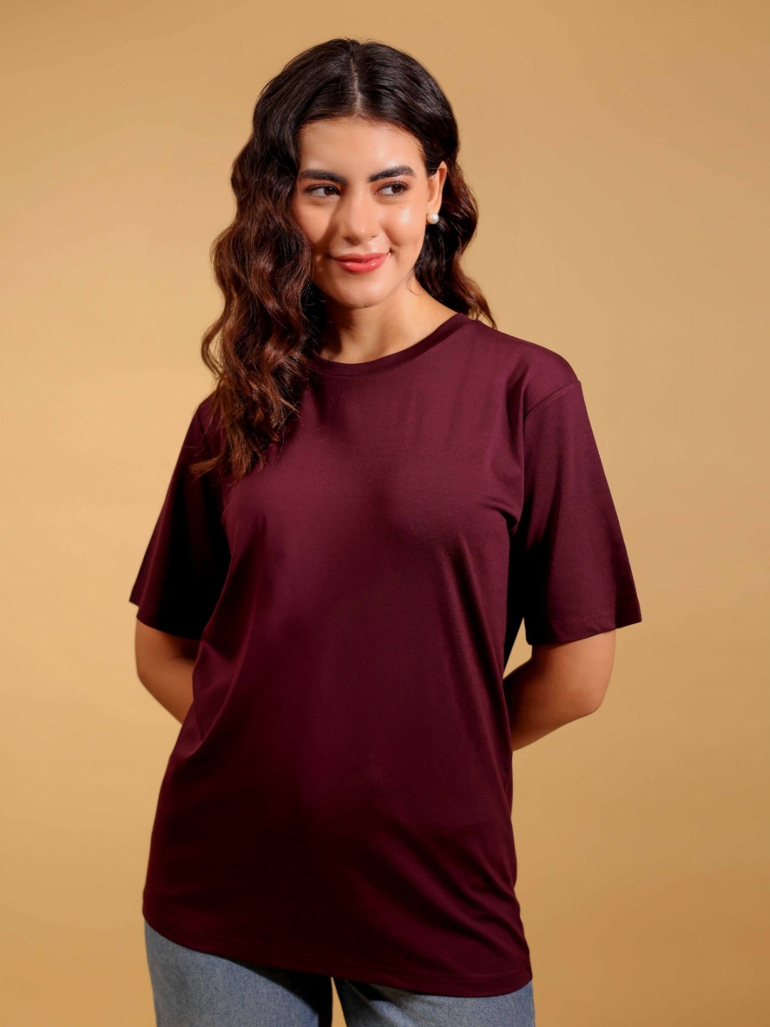 

BEOM Women Solid Round Neck Relaxed Fit Cotton T-shirt, Burgundy