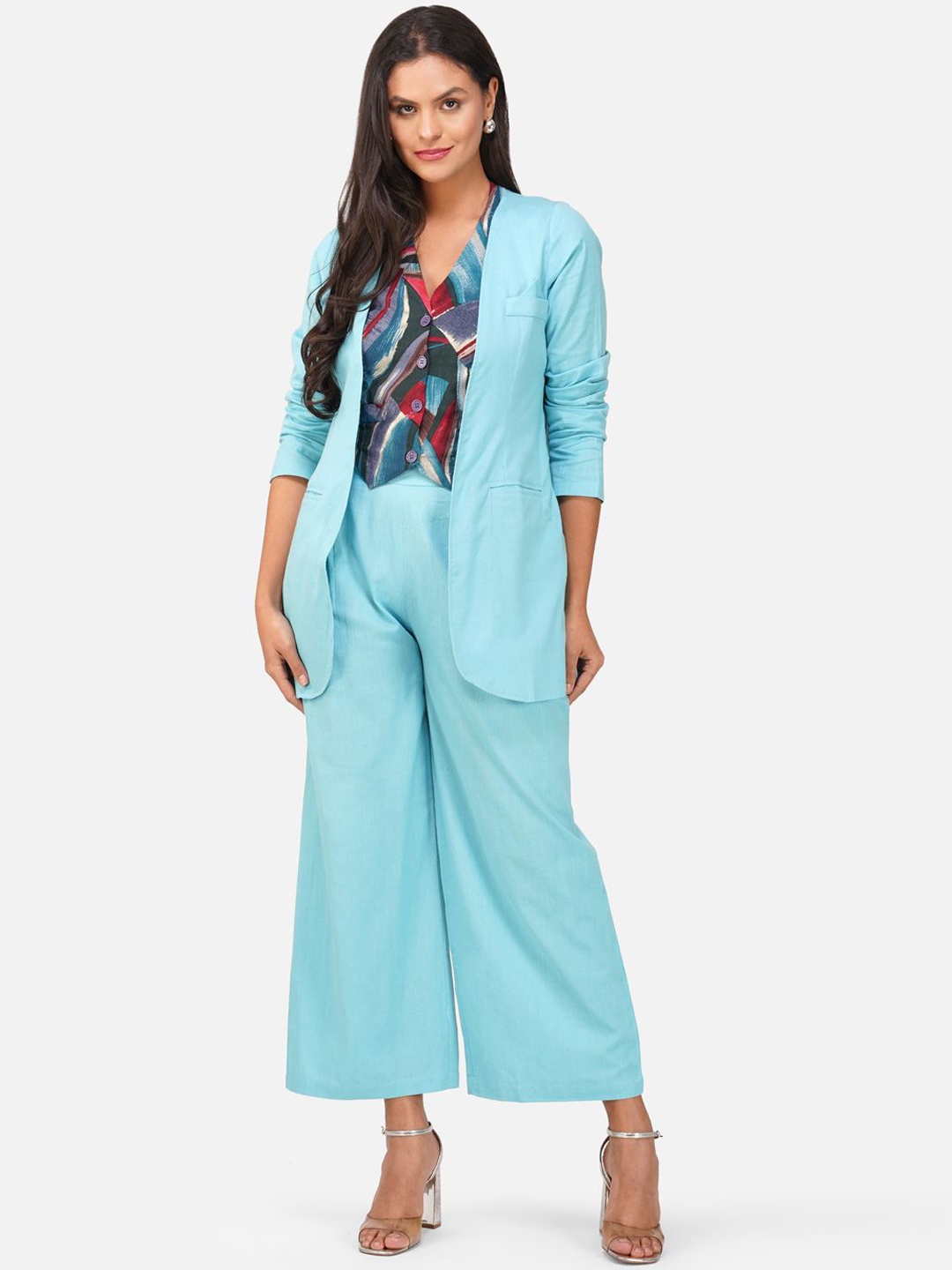 

Stitchinc V-Neck Pure Cotton Blazer With Waistcoat & Trousers, Blue