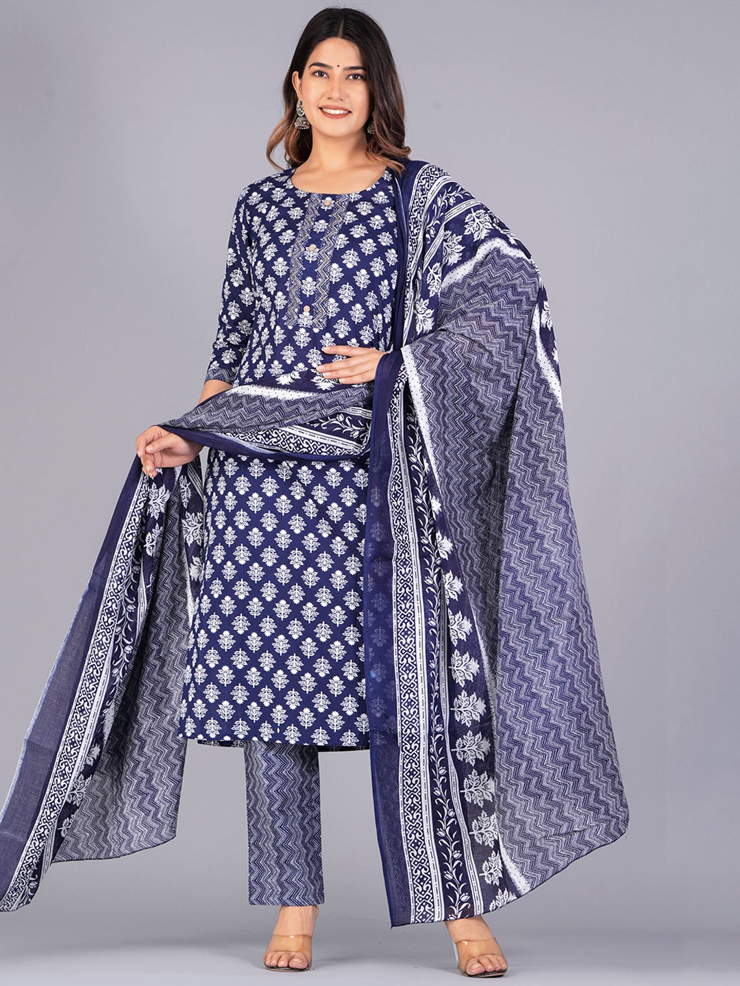 

Mishree Collection Floral Printed Pure Cotton Straight Kurta With Trousers And Dupatta, Navy blue