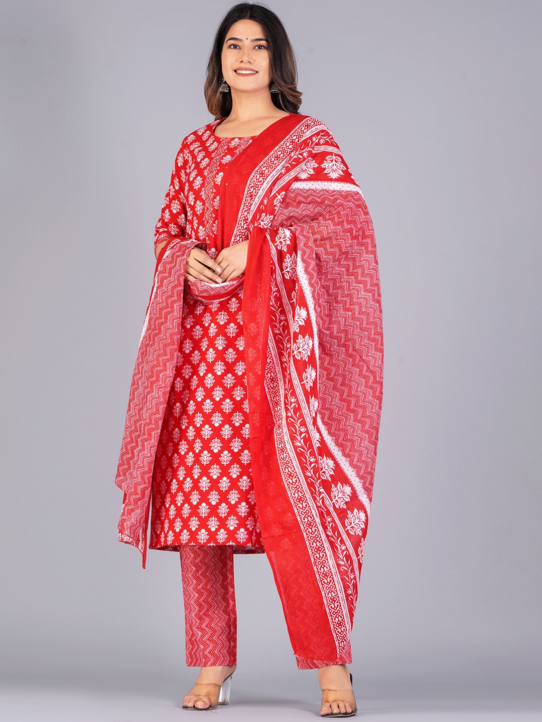 

Mishree Collection Floral Printed Pure Cotton Straight Kurta With Trousers And Dupatta, Red