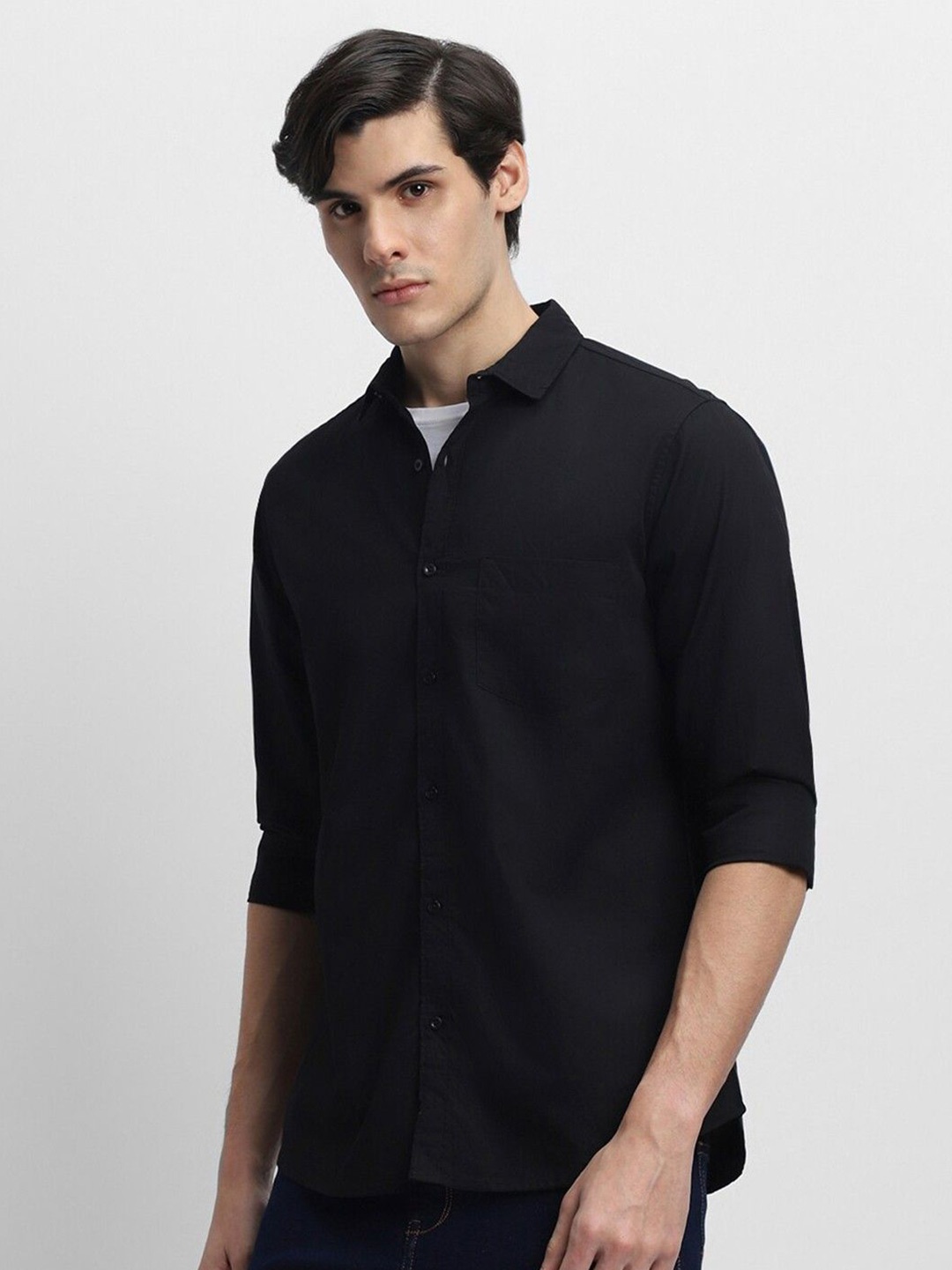 

Fab Star Men Spread Collar Solid Cotton Casual Shirt, Black