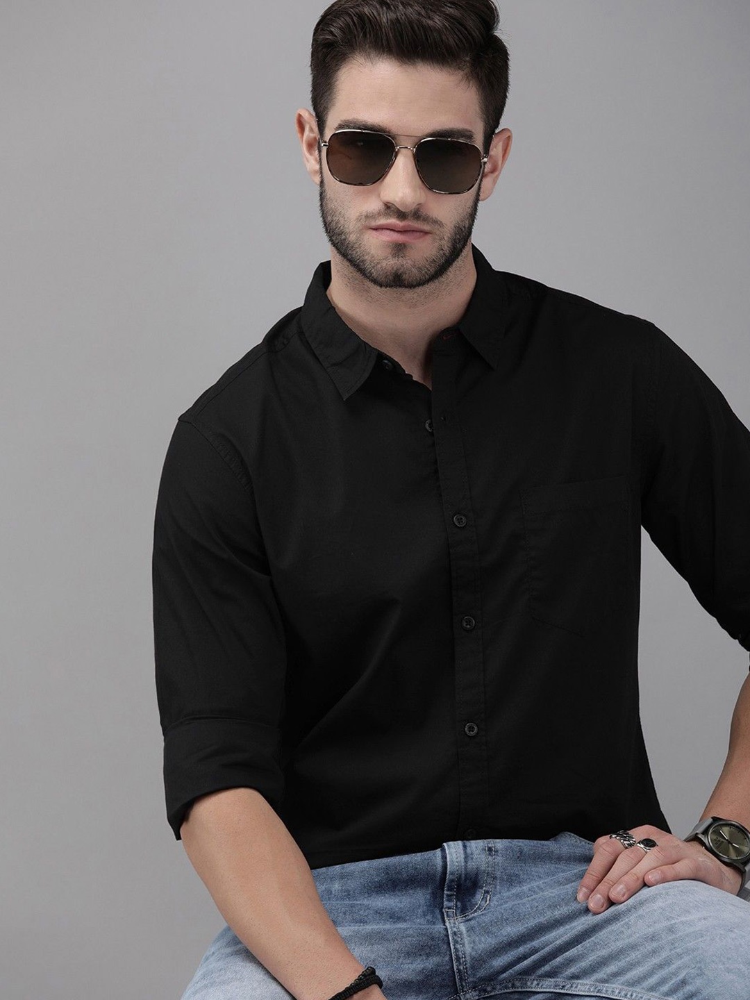 

Fab Star Men Spread Collar Solid Cotton Casual Shirt, Black