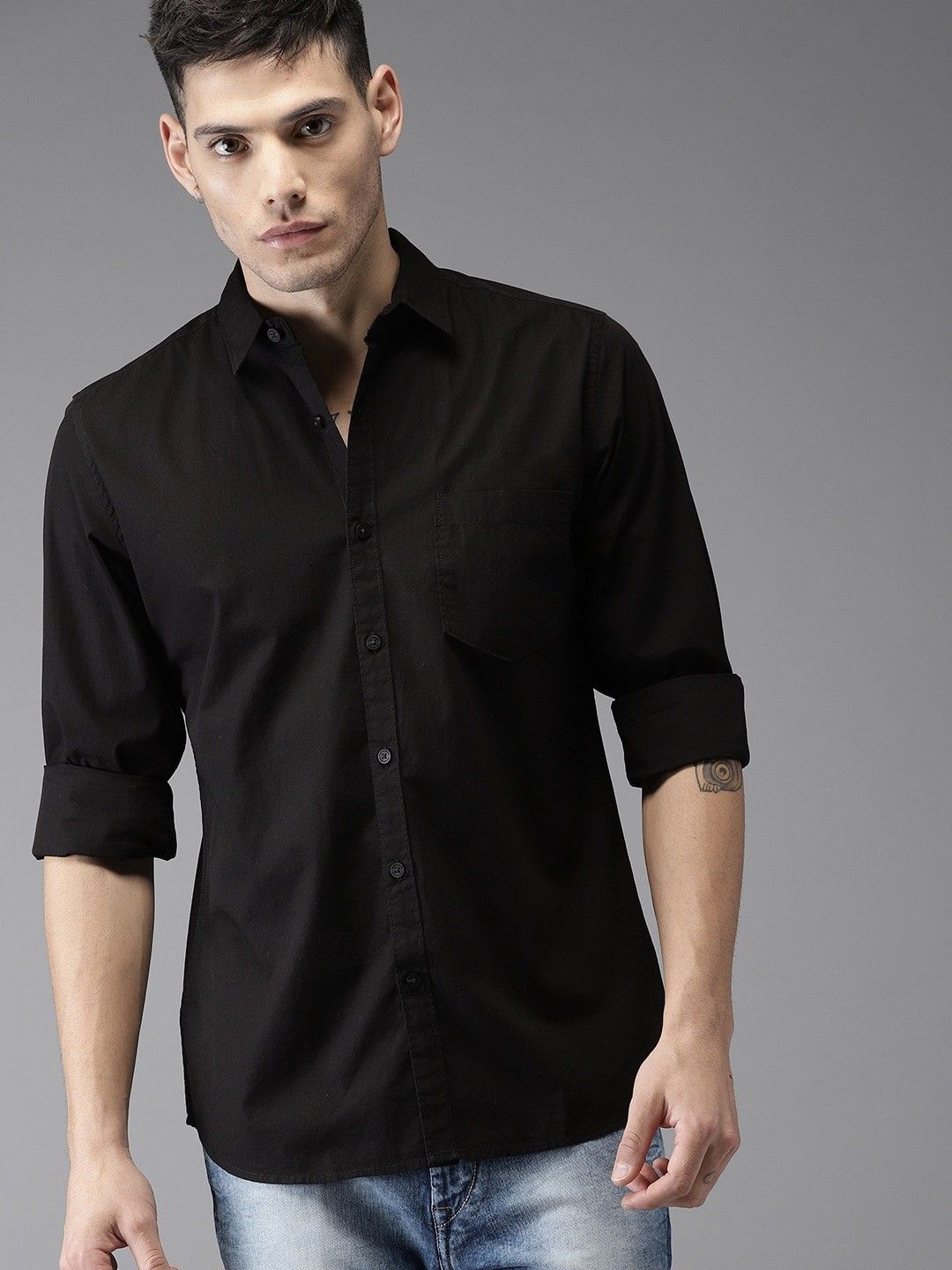 

Fab Star Men Spread Collar Solid Cotton Casual Shirt, Black