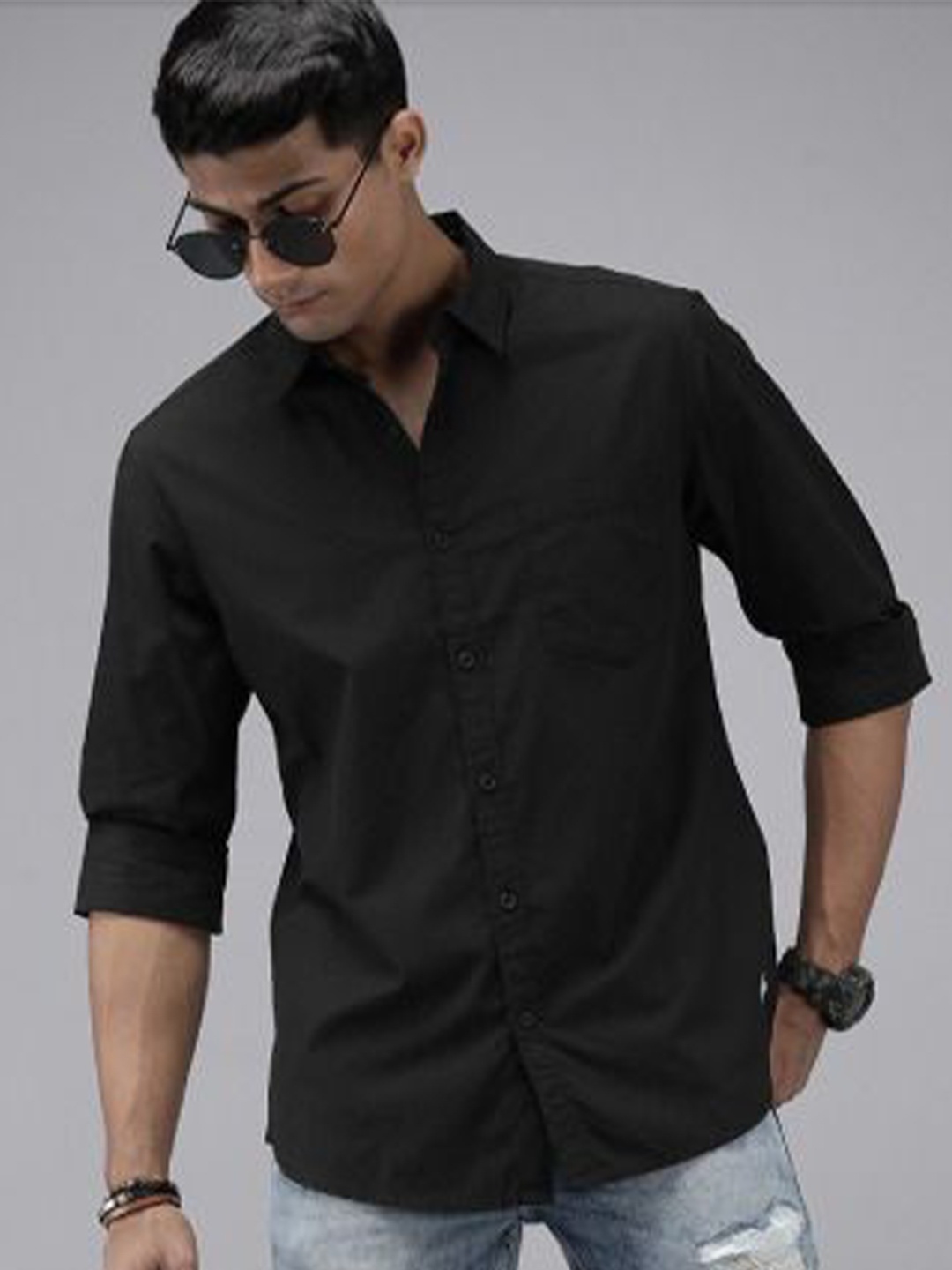 

Fab Star Men Spread Collar Solid Cotton Casual Shirt, Black