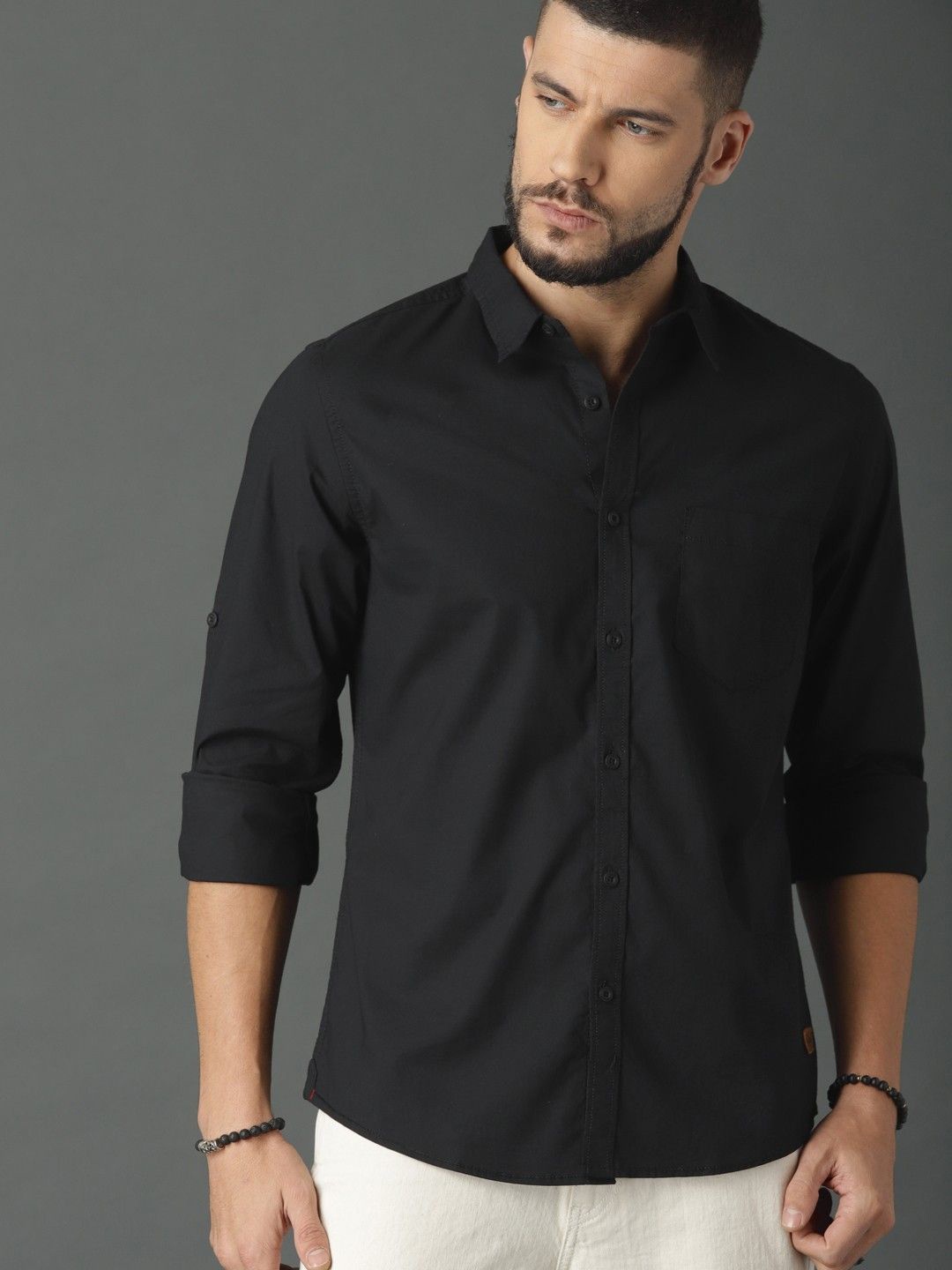 

Fab Star Men Spread Collar Solid Cotton Casual Shirt, Black