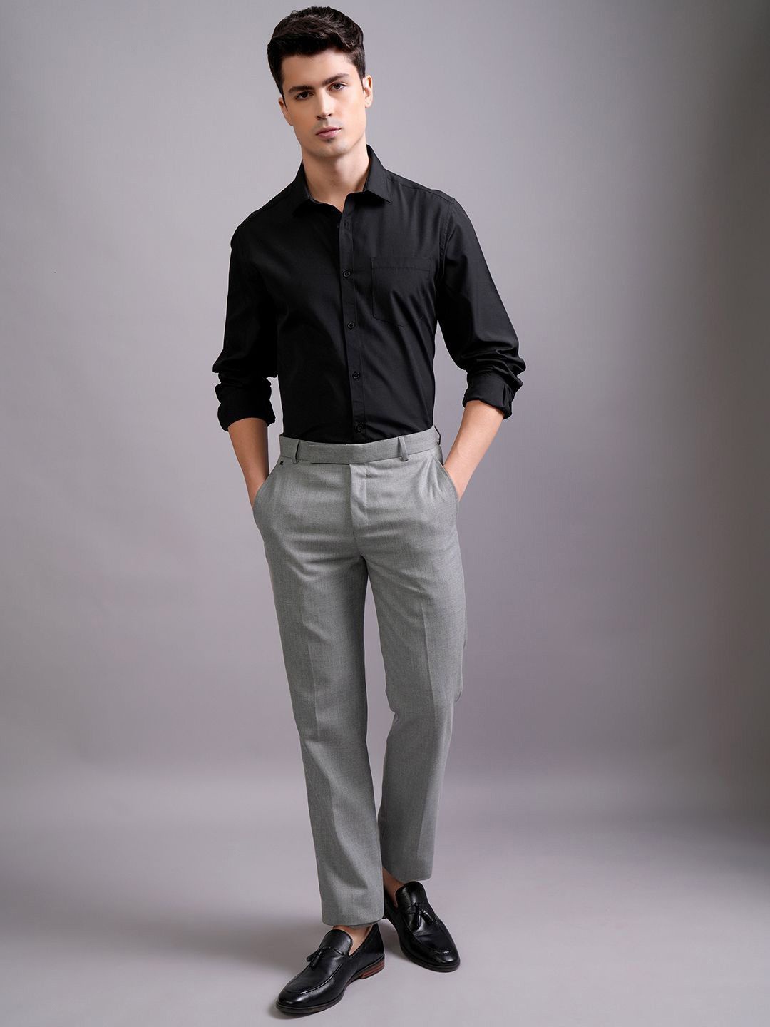 

Fab Star Men Spread Collar Solid Cotton Formal Shirt, Black