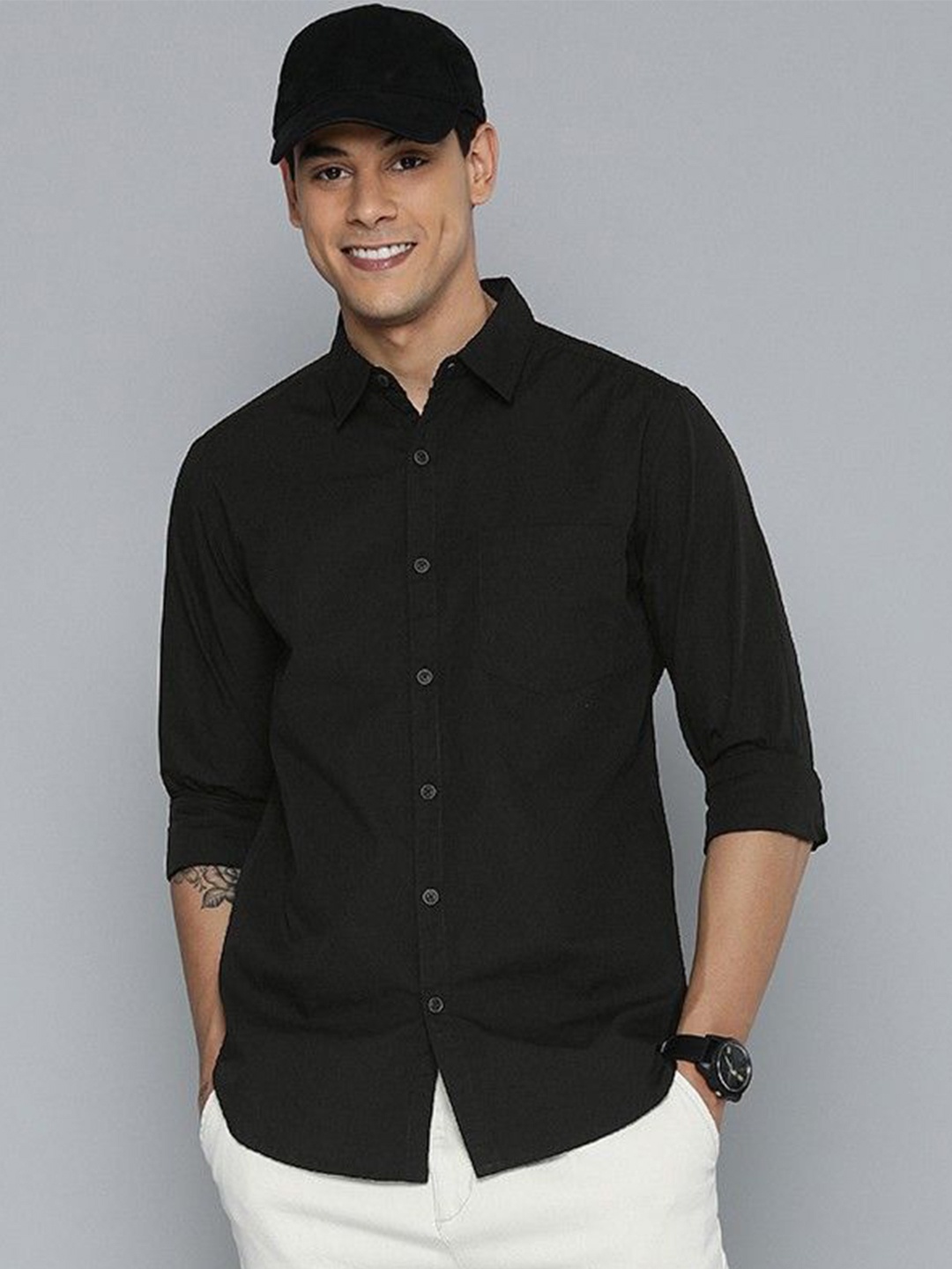 

Fab Star Men Spread Collar Solid Cotton Casual Shirt, Black