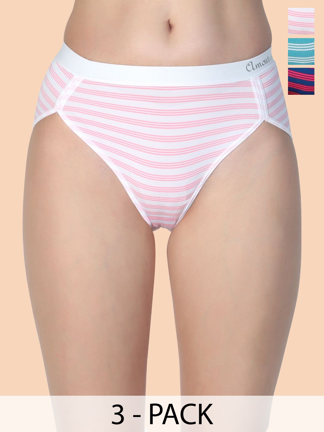 

Amour Secret Women Pack Of 3 Striped Mid-Rise Bikini Briefs P2031N_Blu_Pnk_Grn_S, Blue