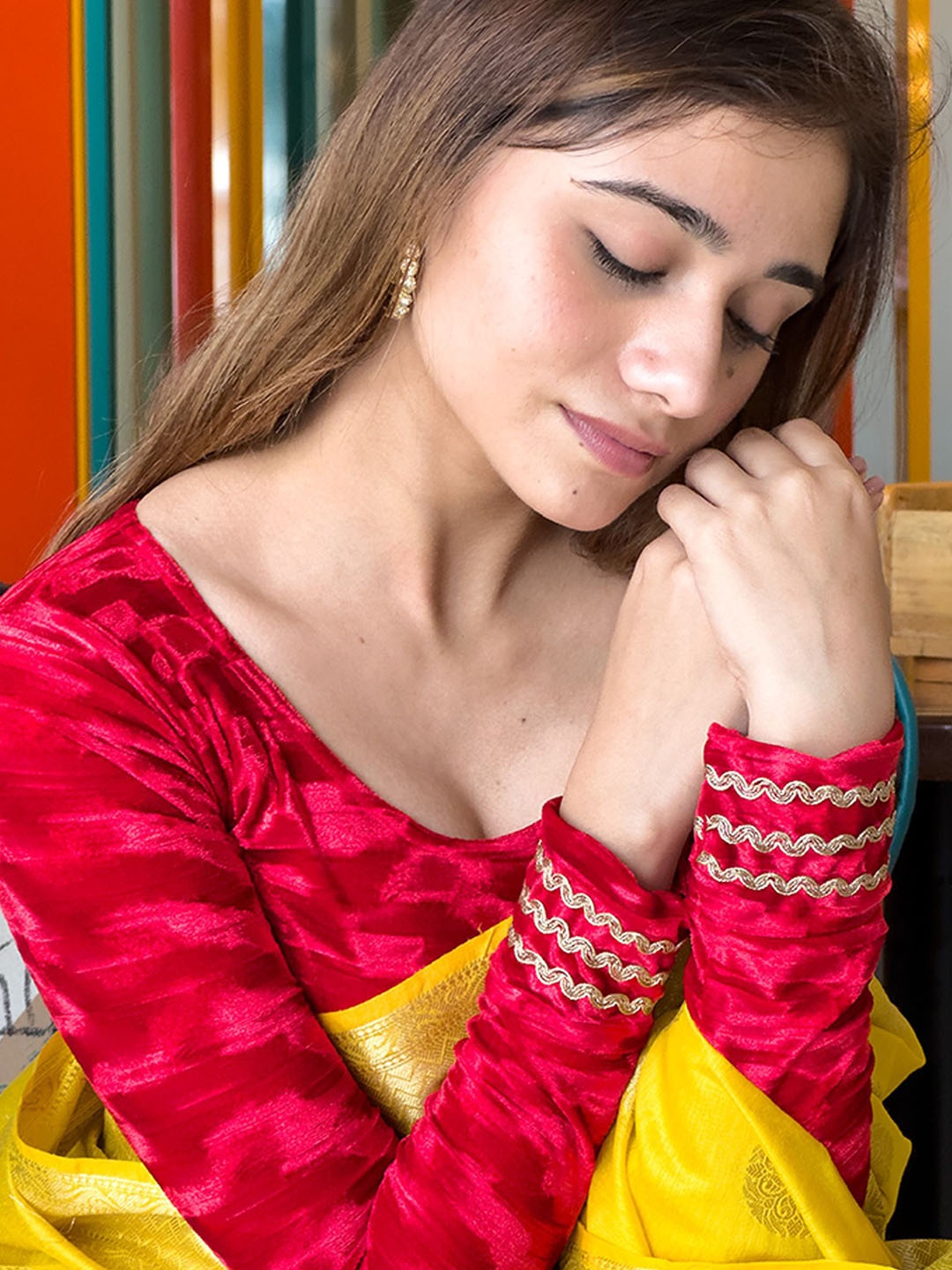 Bindigasm's Advi Lace Cuff Stretchable Saree Blouse, Red