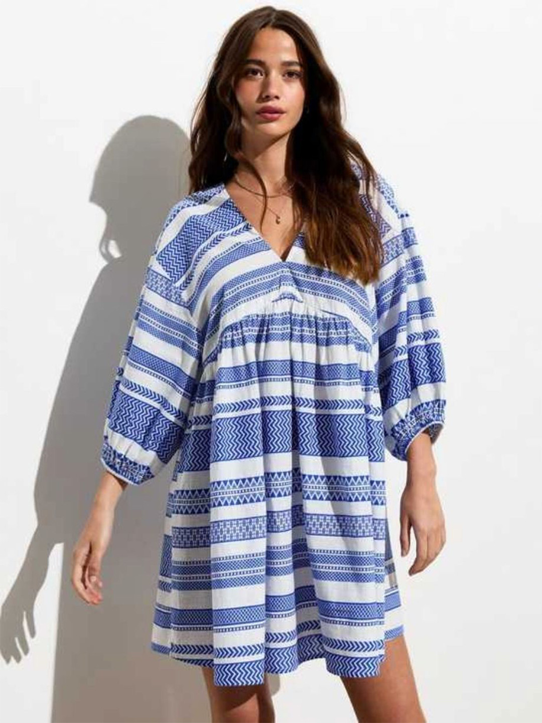

MANOJAVA Striped Cotton Empire Dress, Blue