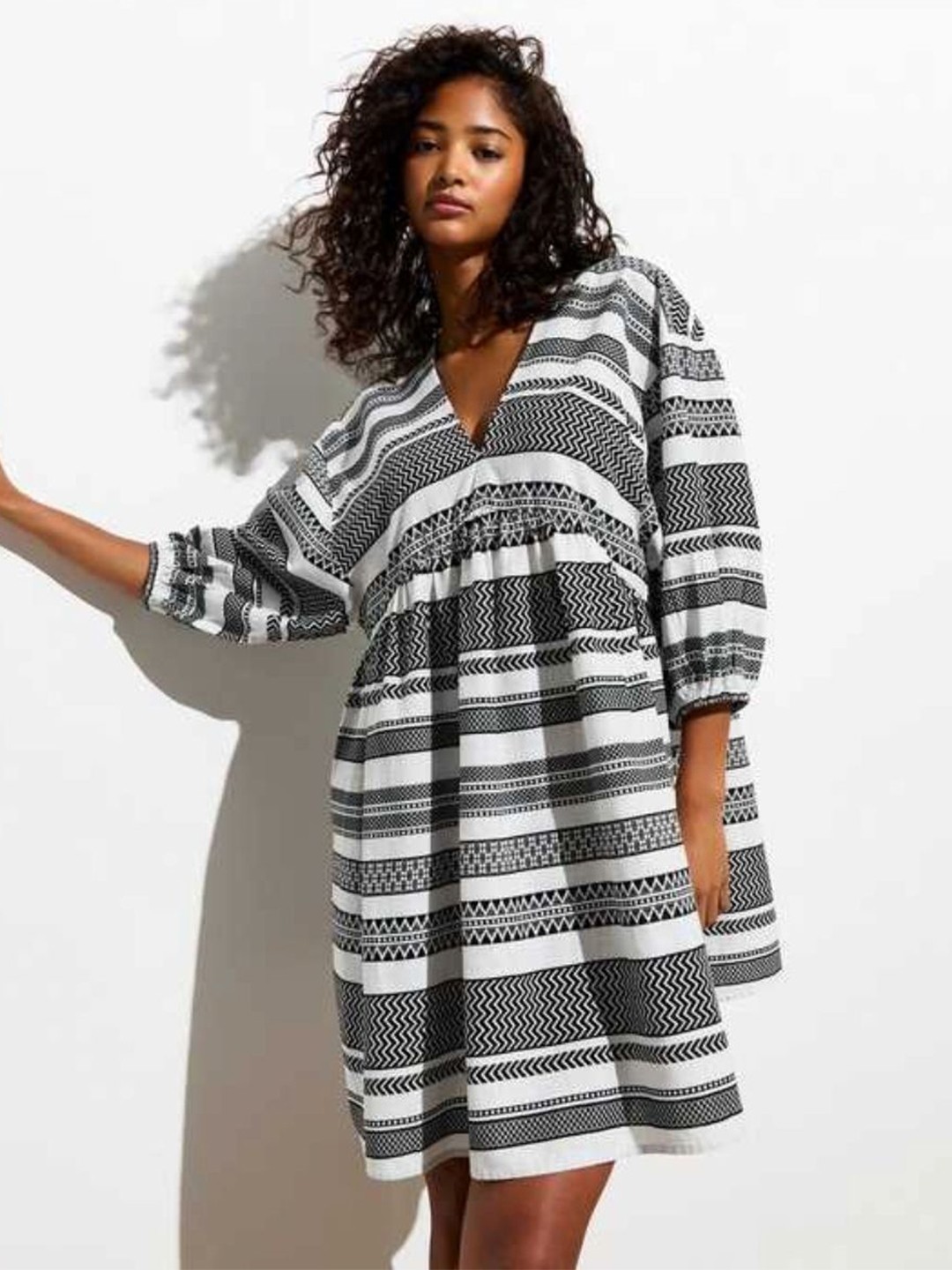 

MANOJAVA Women Cotton Striped Fit & Flare Dress, Black
