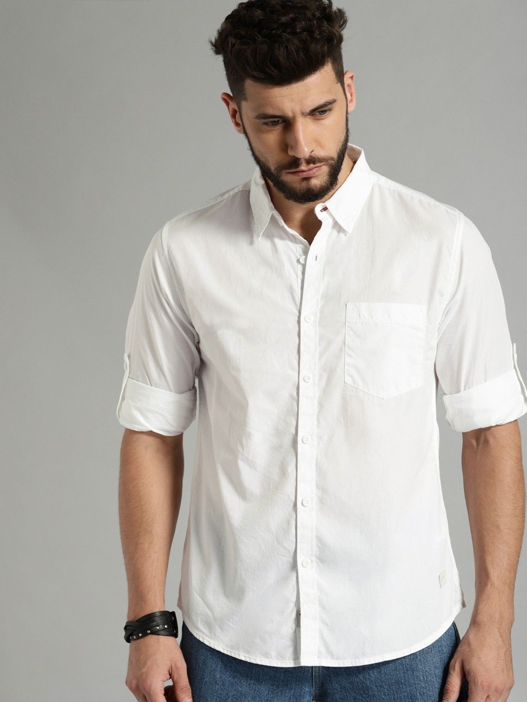 

Fab Star Men Spread Collar Solid Cotton Casual Shirt, White