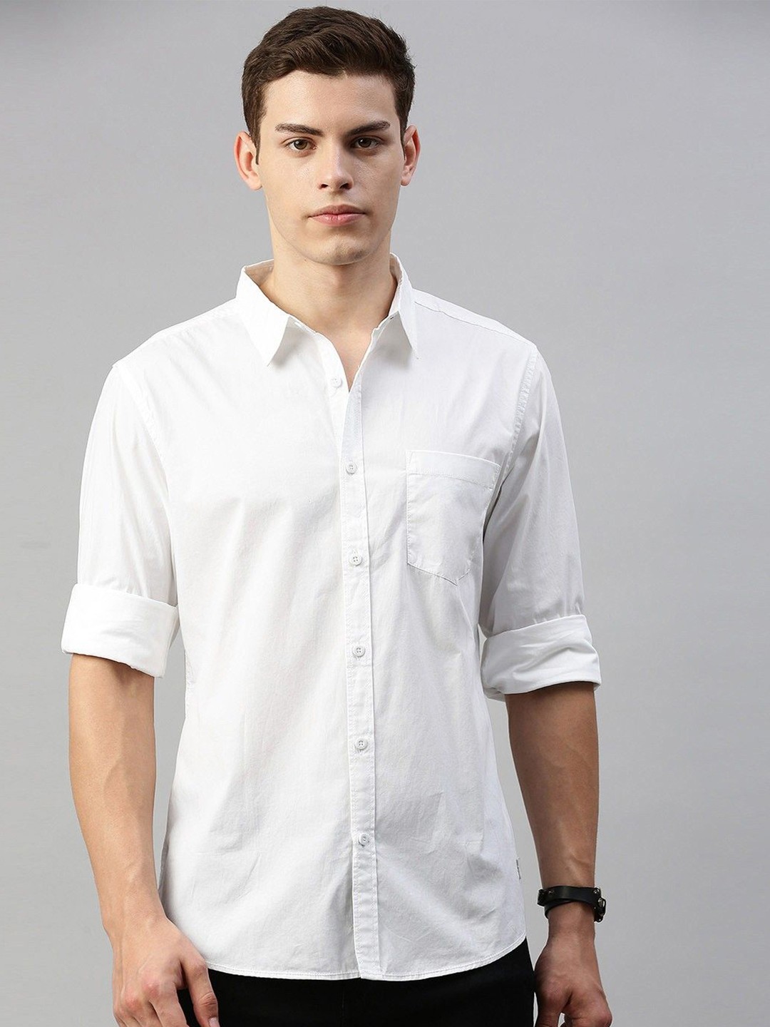 

Fab Star Men Spread Collar Solid Cotton Casual Shirt, White