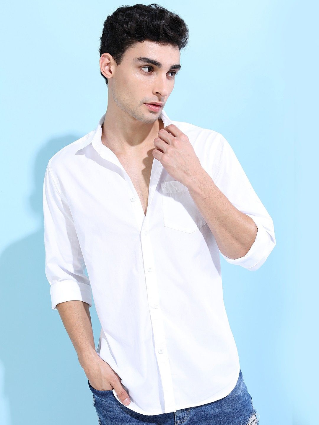 

Fab Star Men Spread Collar Solid Cotton Casual Shirt, White