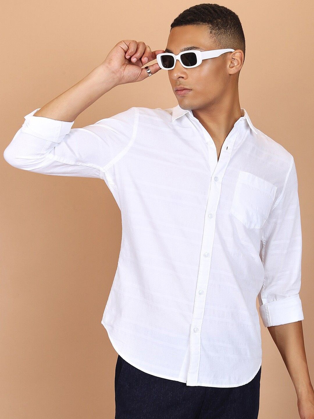 

Fab Star Men Spread Collar Solid Cotton Casual Shirt, White