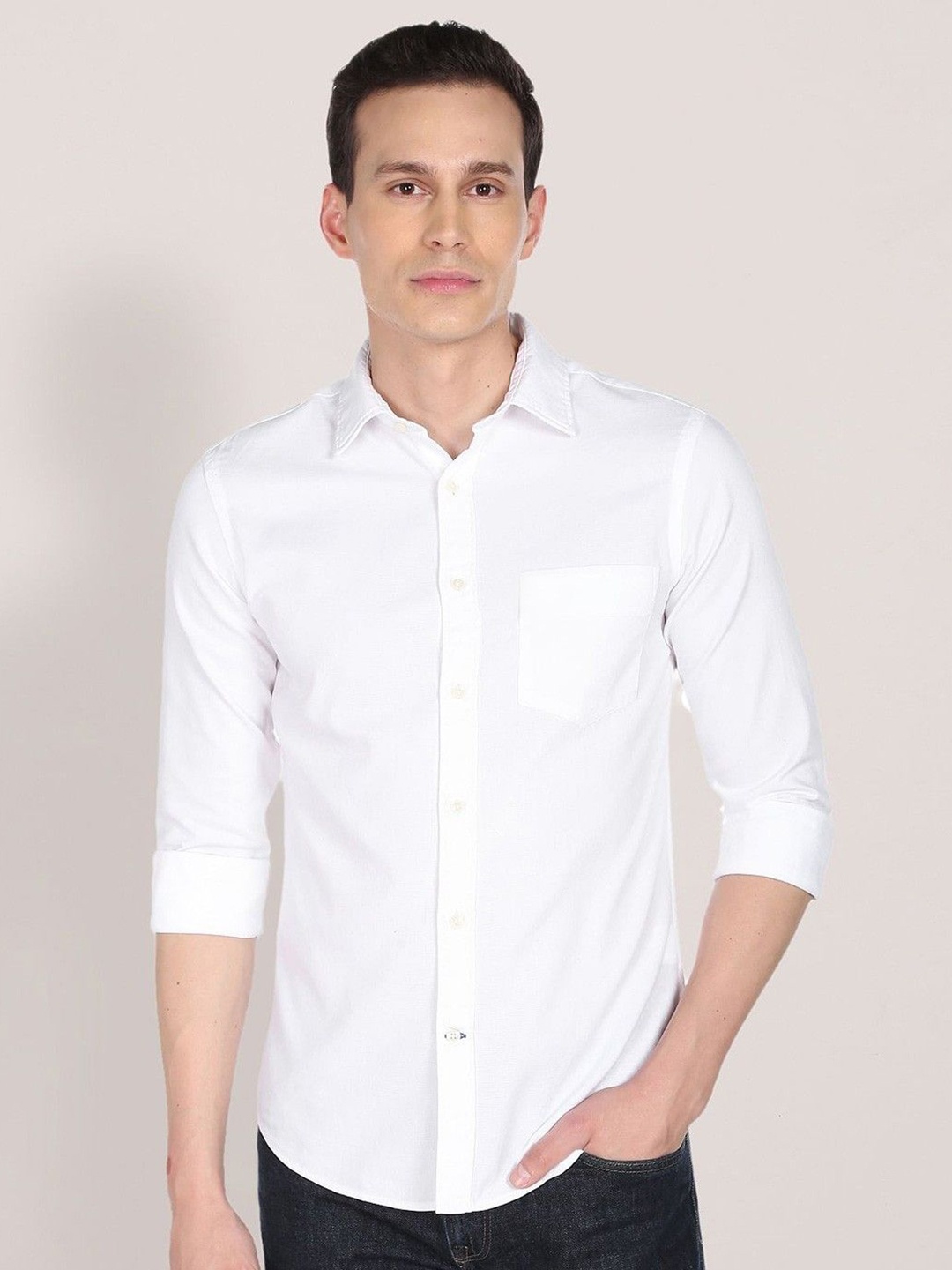 

Fab Star Men Spread Collar Solid Cotton Casual Shirt, White