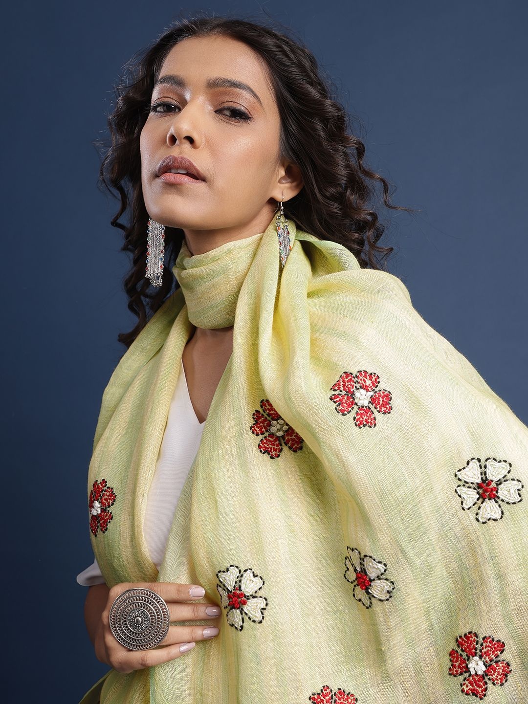 

Taavi Women Floral Kantha Work Linen Stole with Tasselled Border, Yellow