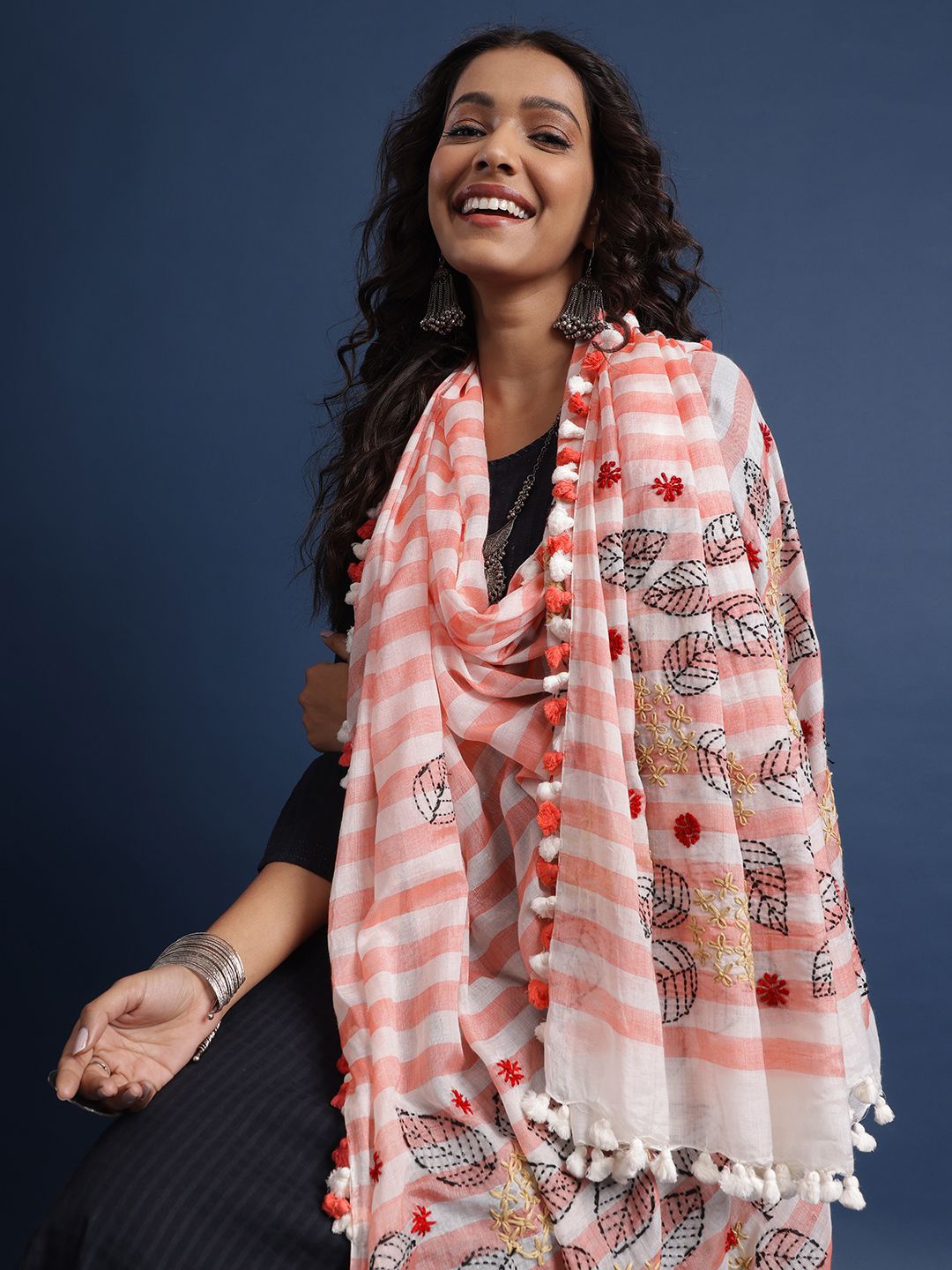 

Taavi Women Floral Kantha Work Chanderi Stole with Tasselled Border, Peach