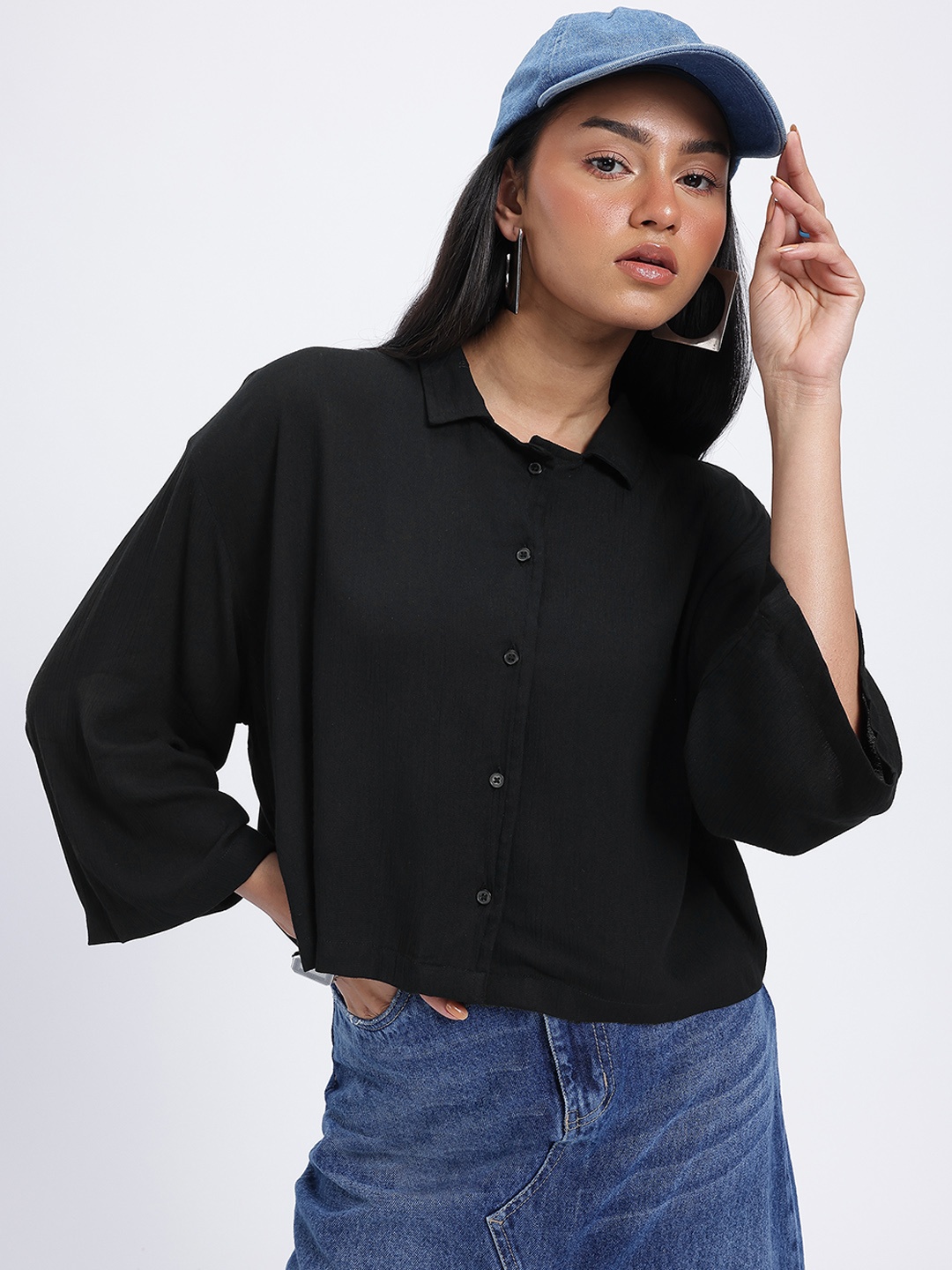 

glitchez Crinkled Chic Drop-Shoulder Shirt, Black
