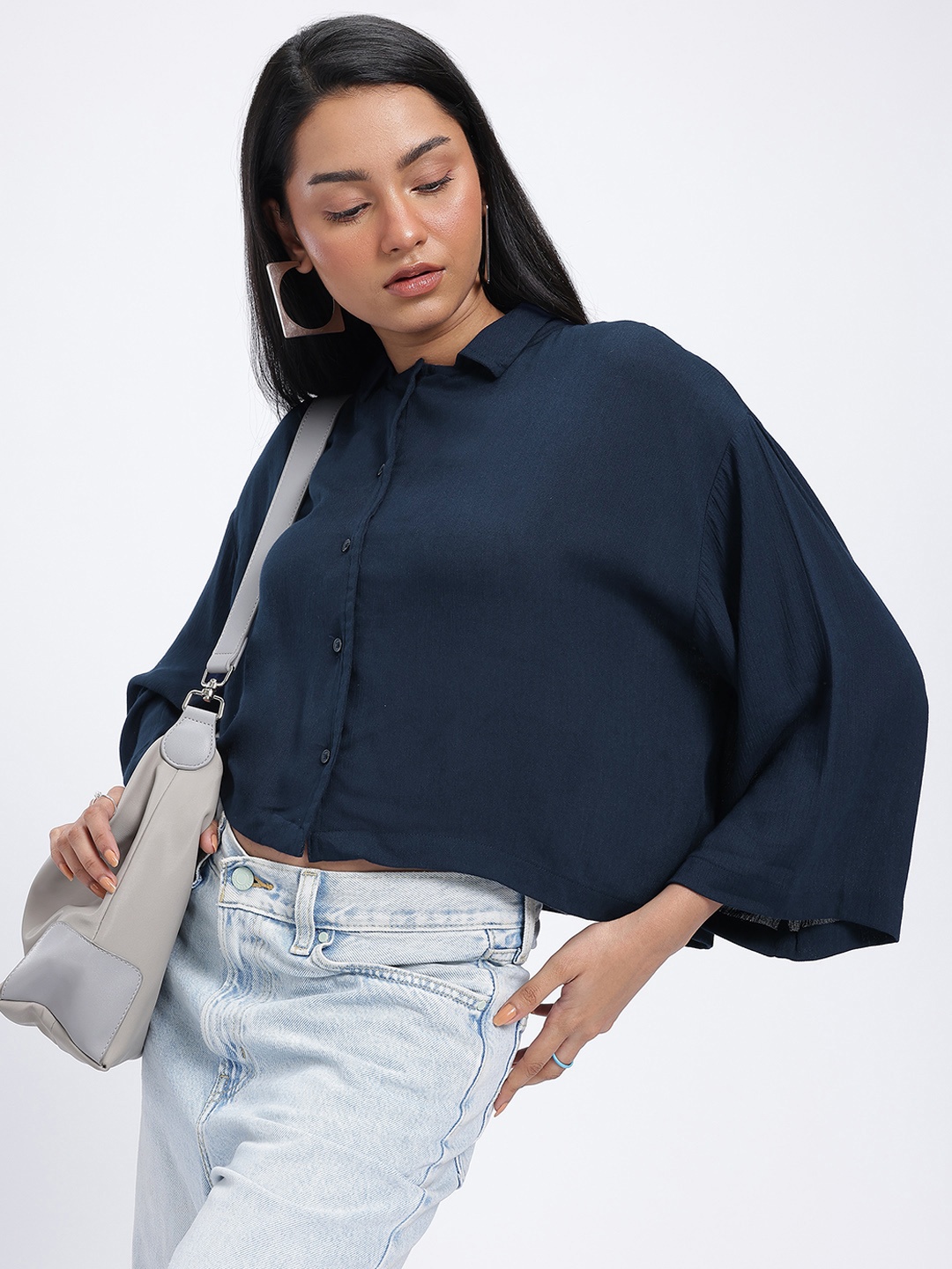 

glitchez Laid Back Crinkled Drop-Shoulder Shirt, Navy blue