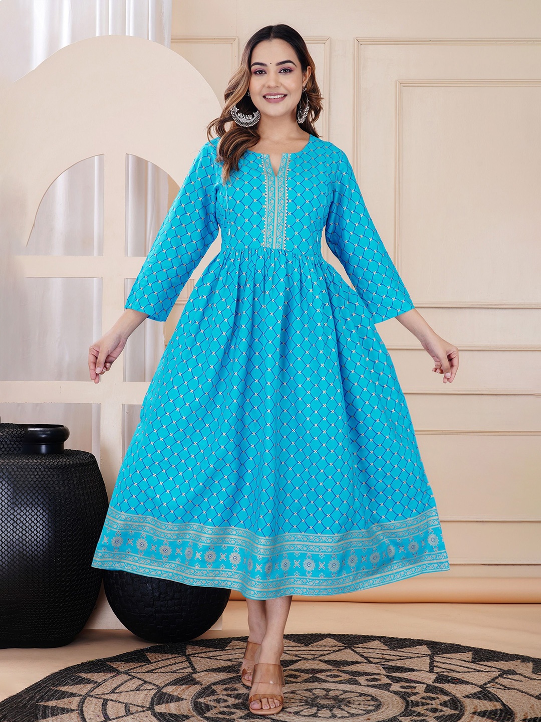 

FASHION MIRROR Women Floral Printed Maternity Anarkali Ethnic Dress, Blue