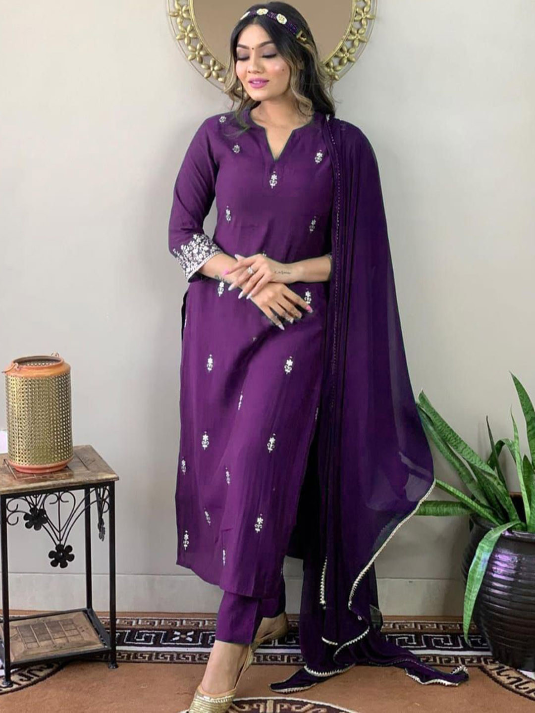 

Jinax Floral Motifs Solid Thread Work Notch Neck Straight Kurta With Trouser And Dupatta, Purple