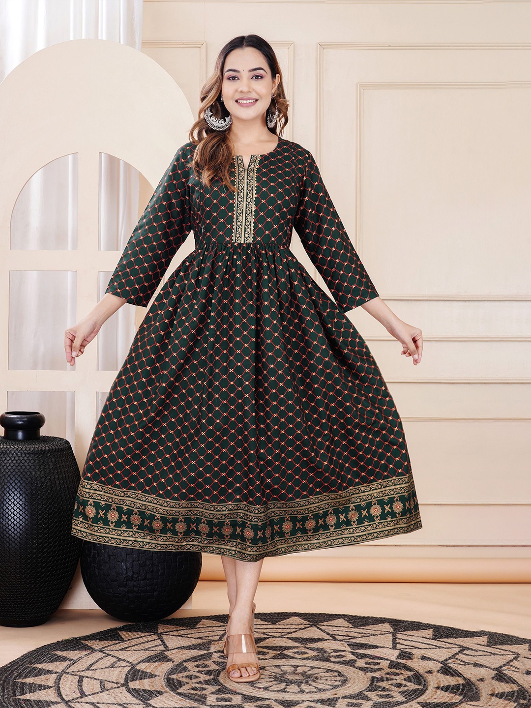 

FASHION MIRROR Women Floral Printed Maternity Anarkali Ethnic Dress, Green
