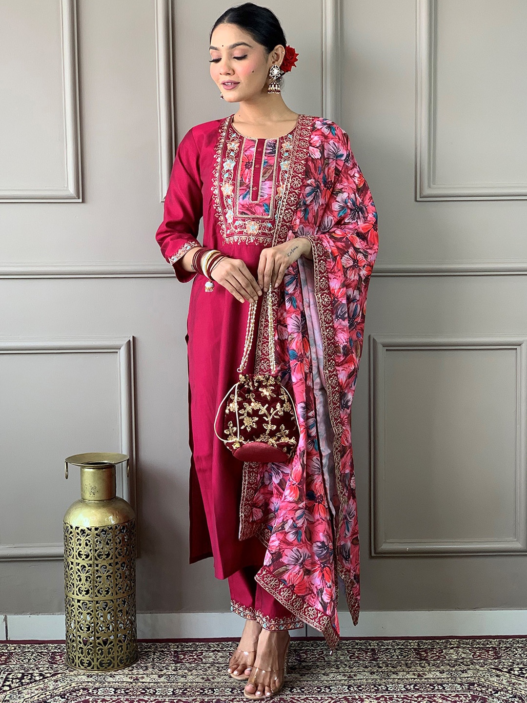 

Jinax Floral Embroidered Sequined Straight Kurta With Trouser & Dupatta, Pink