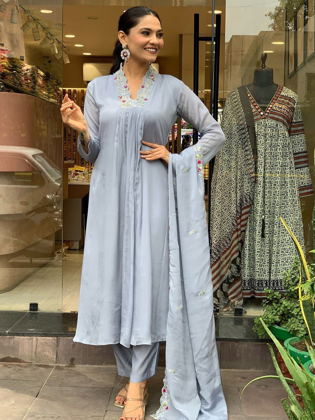 

Jinax Floral Embroidered V-Neck A-line Kurta With Trouser And Dupatta, Blue