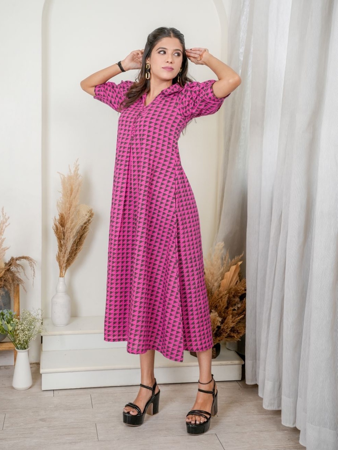 

MOTHERHOOD BY SNEHAL Women Printed Maternity Cotton A-Line Midi Dress, Pink