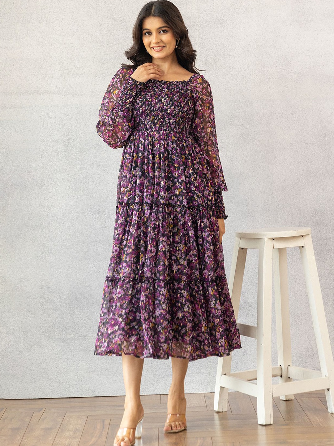 

Polago Clothing Women Floral Printed Puff Sleeve Georgette Fit & Flare Midi Dress, Black