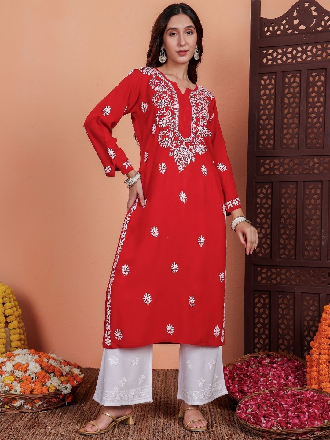 

Chowkhat Floral Embroidered Modal Notch-Neck Chikankari Modal Straight Kurta, Red