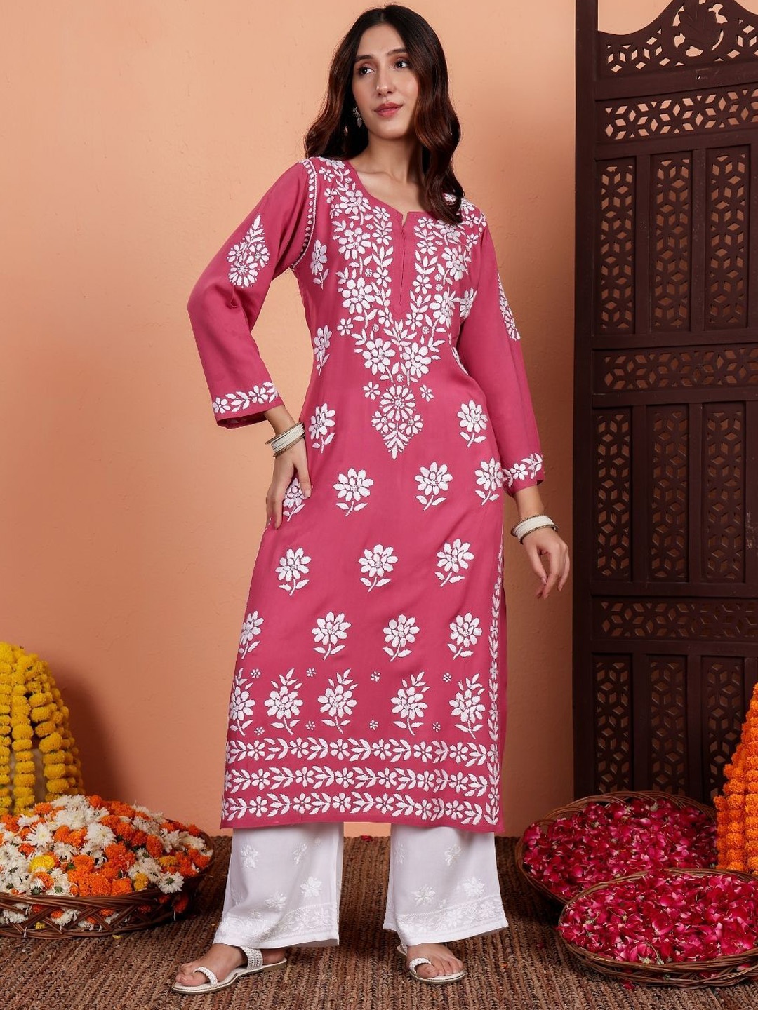 

Chowkhat Floral Embroidered Modal Chikankari Notch-Neck Straight Kurta, Pink