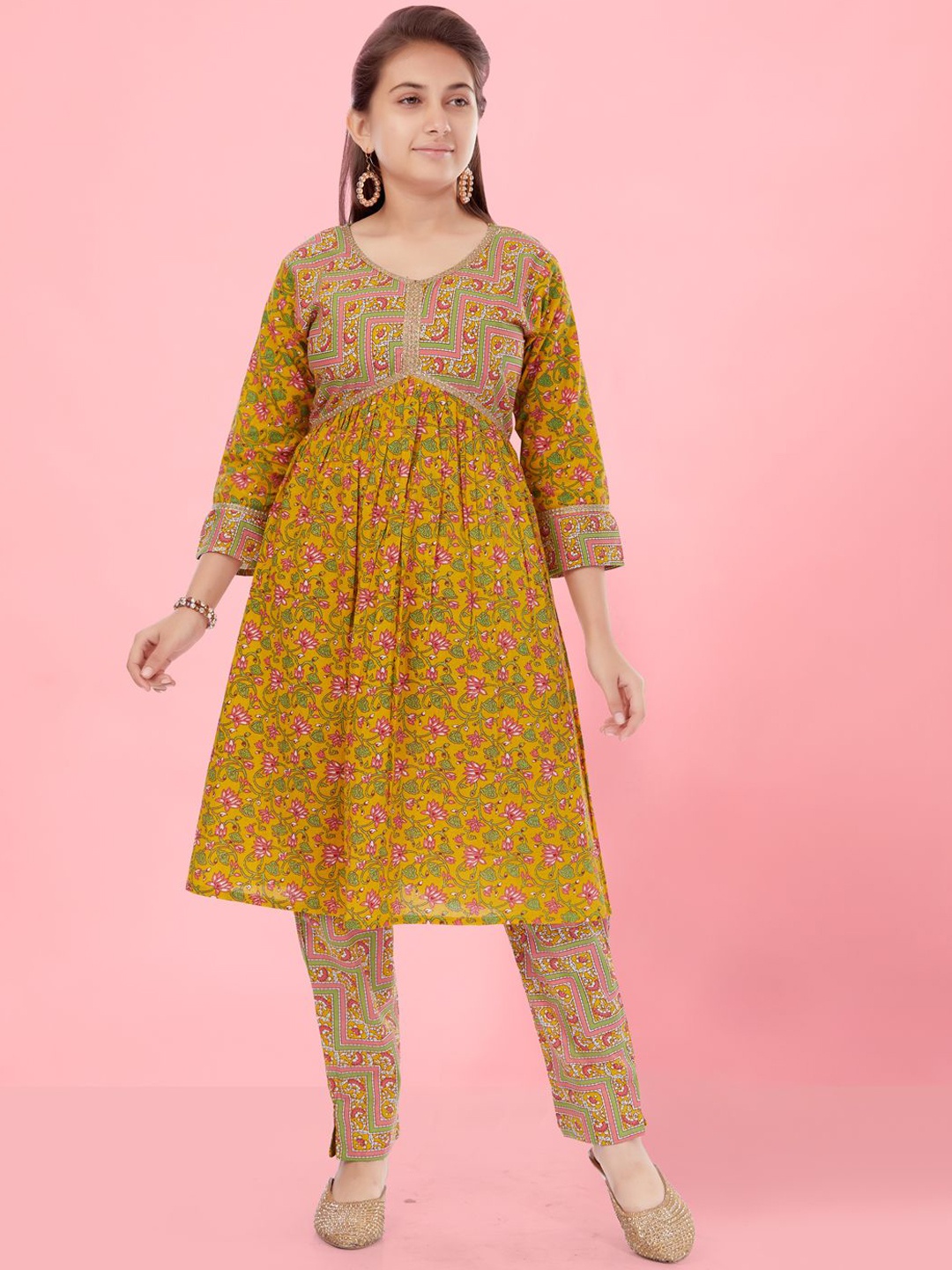 

Sangria Girls Mustard Floral Printed V-Neck Empire Kurta