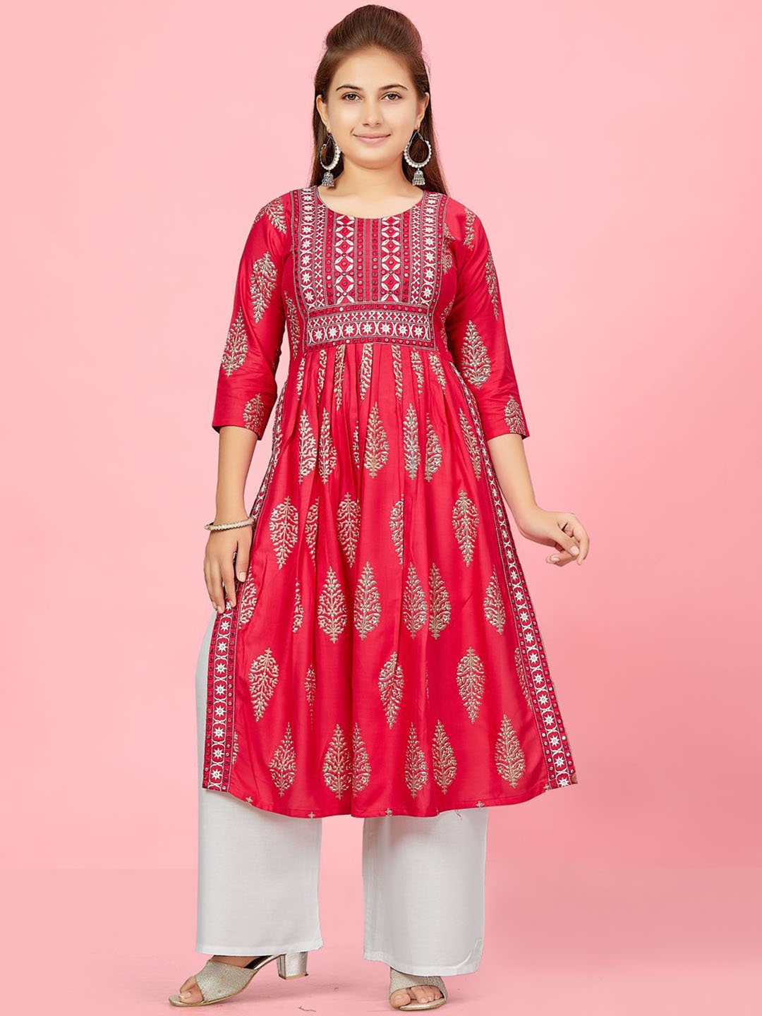 

Sangria Girls Red Floral Printed Thread Work Cotton A-Line Kurta