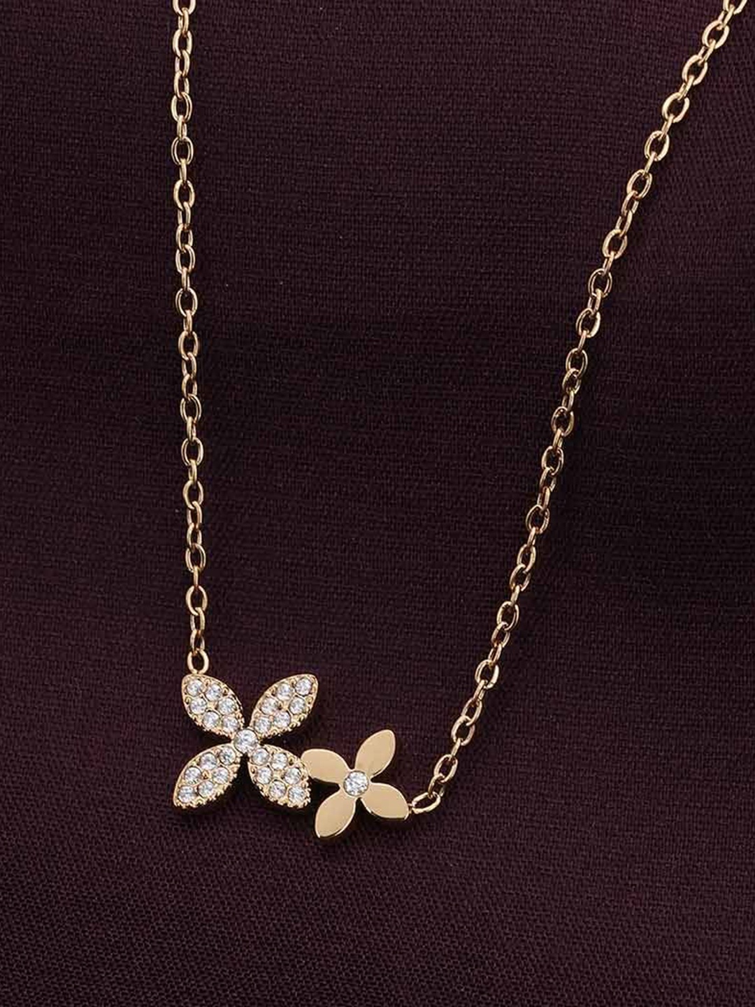 

PALMONAS Gold-Plated Stainless Steel CZ-Stone Studded Anti-Tarnish Petals Flower Necklace