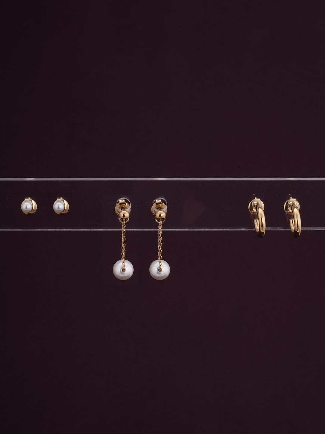 

PALMONAS Set of 3 Gold-Plated Anti-Tarnish Stone Studded & Beaded Studs and Drop Earrings