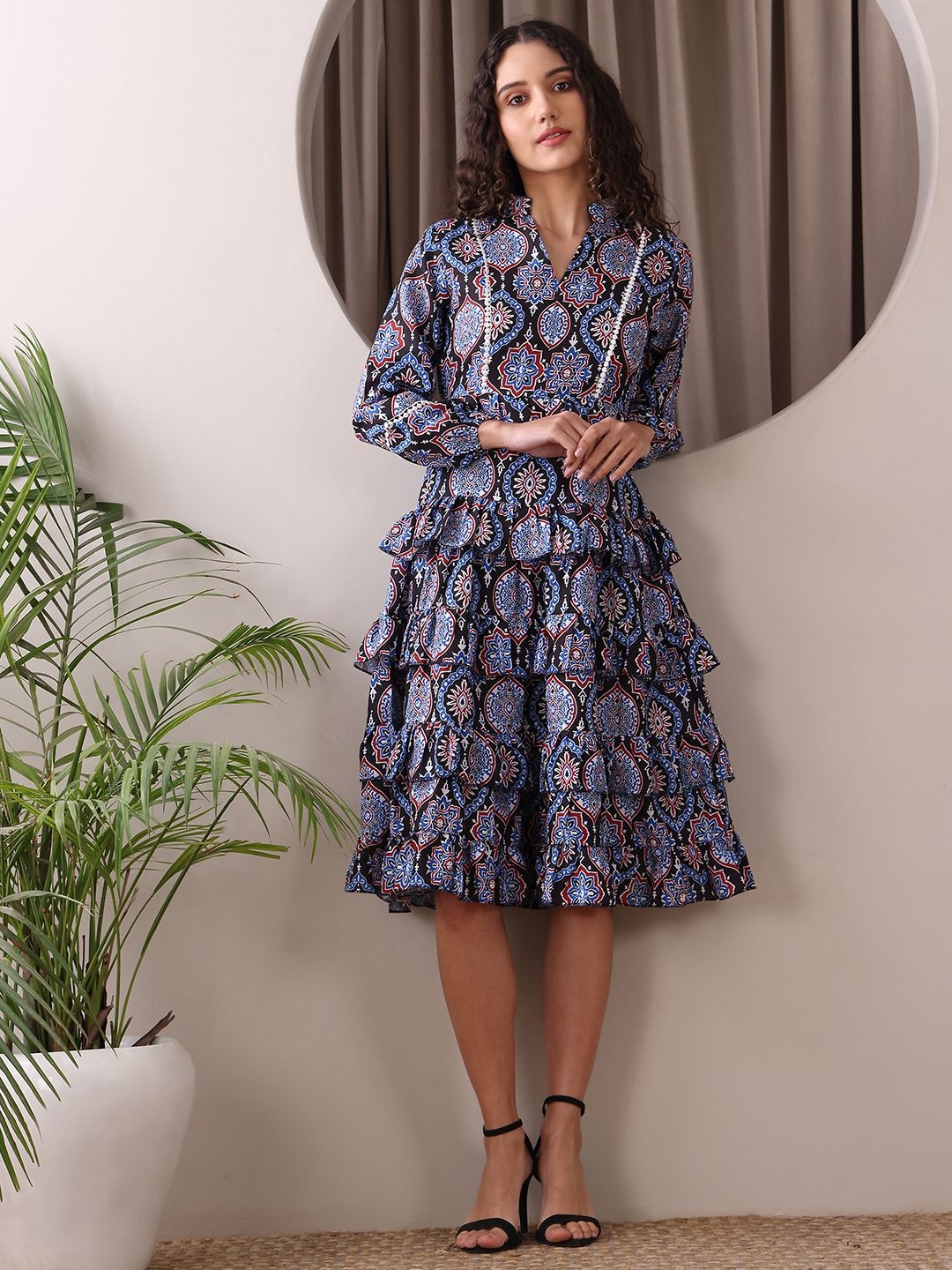 

OBSHIVKA Cotton Mandarin Collar Ethnic Motifs Printed Ruffled A-Line Dress, Black