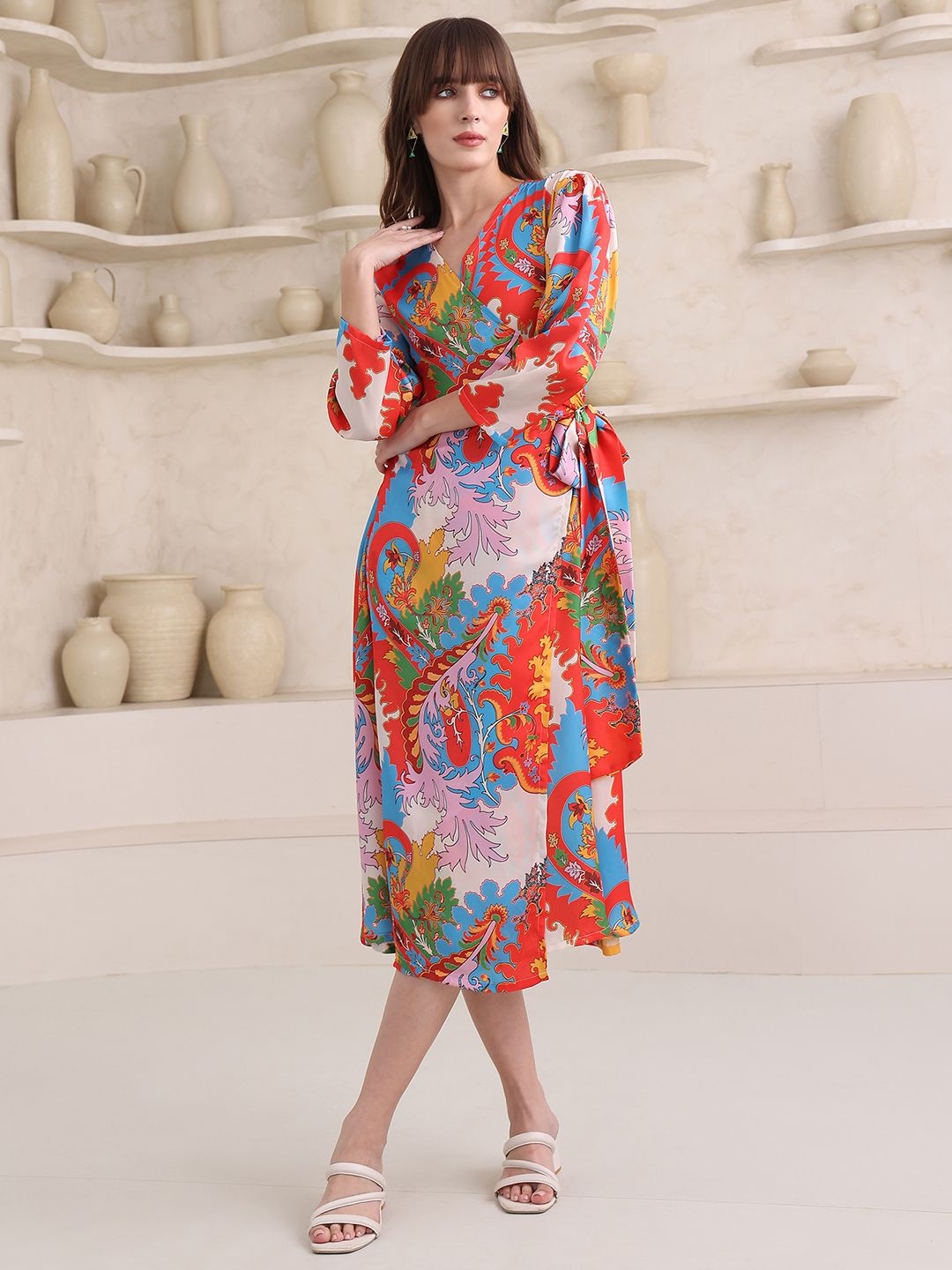 

OBSHIVKA Ethnic Motifs Printed Satin Wrap Dress, Red