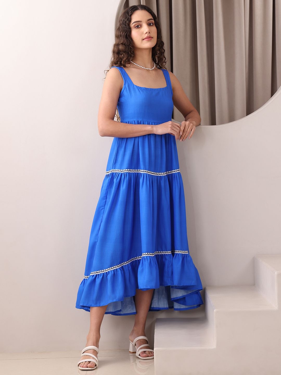 

OBSHIVKA Square Neck Cotton Fit & Flare Midi Dress, Blue