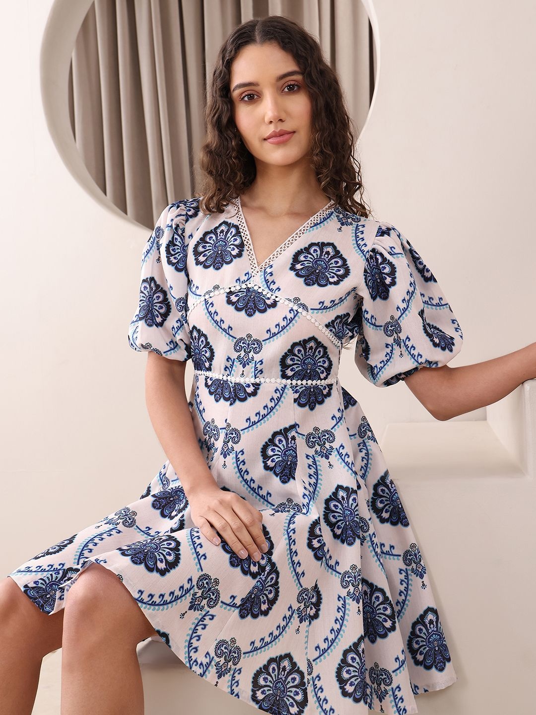 

OBSHIVKA Floral Printed Puff Sleeve Cotton Fit & Flare Dress, Blue