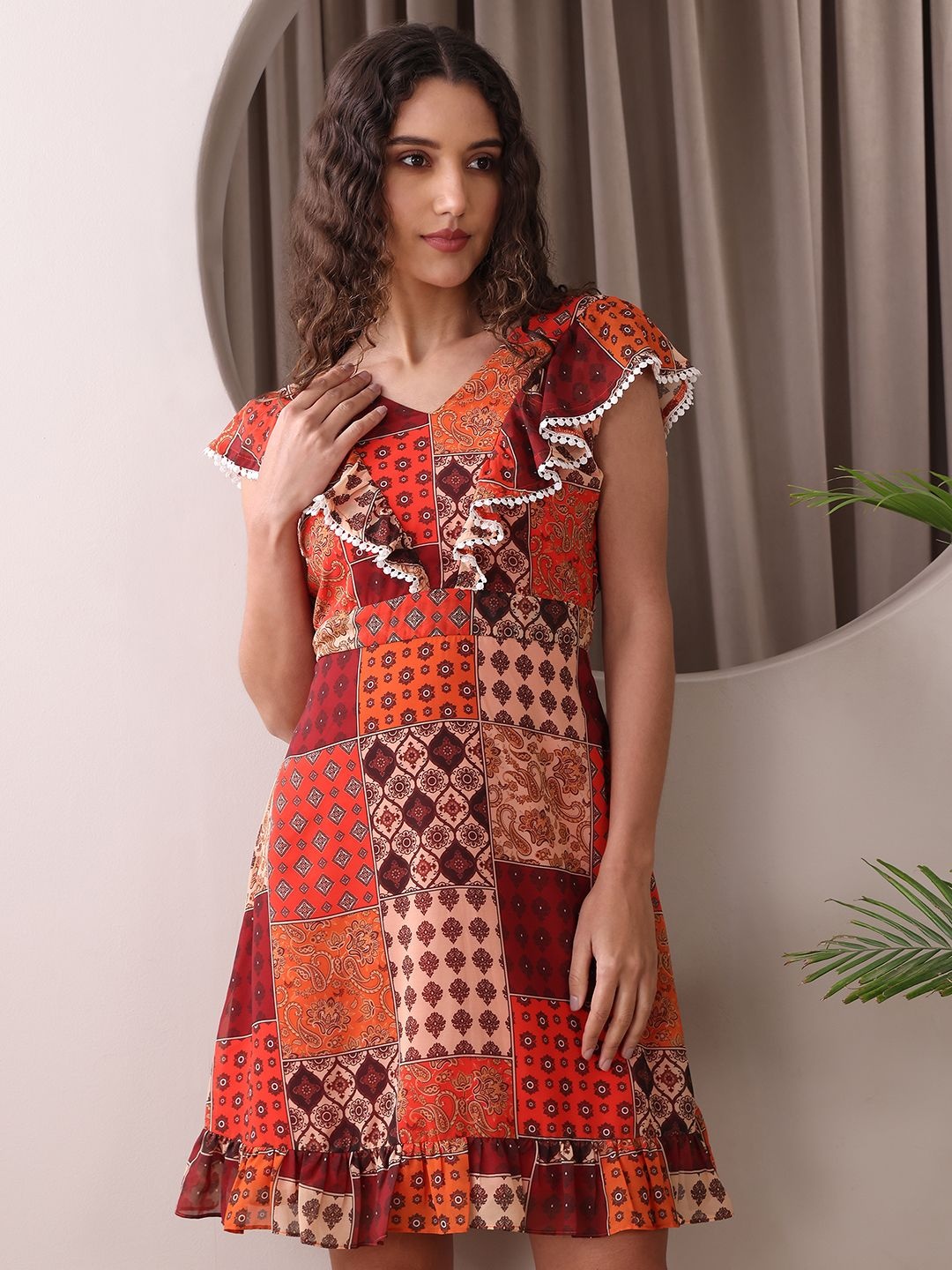 

OBSHIVKA Women Floral Printed A-Line Mini Dress, Red