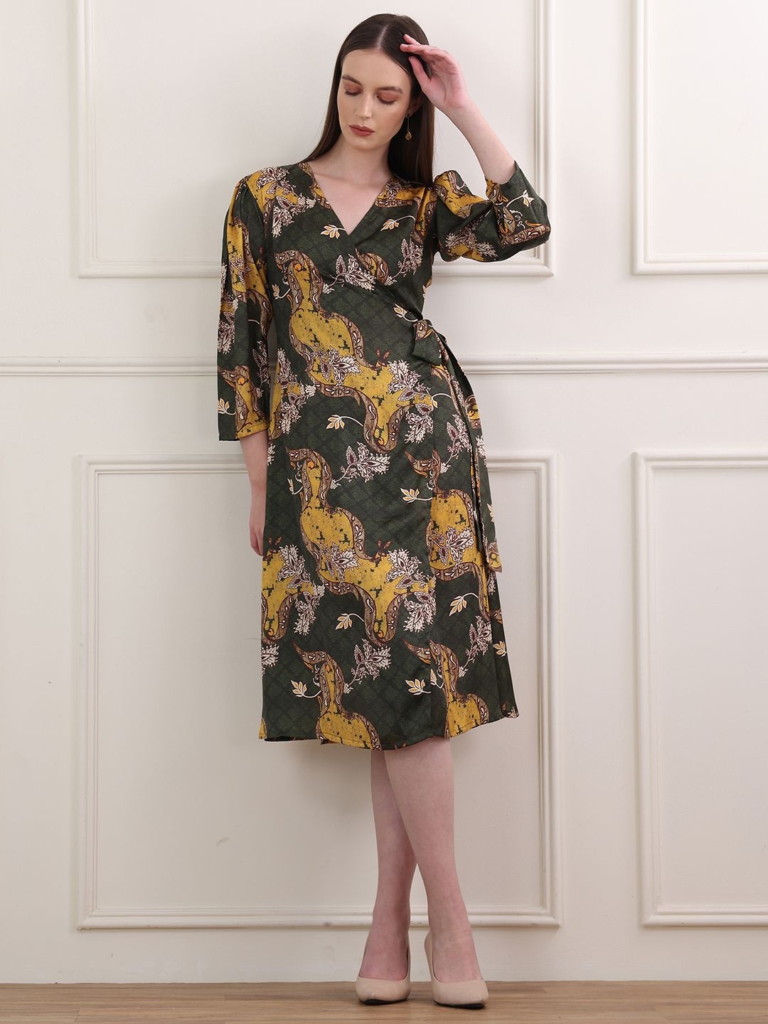 

OBSHIVKA Women Floral Printed Wrap Dress, Olive