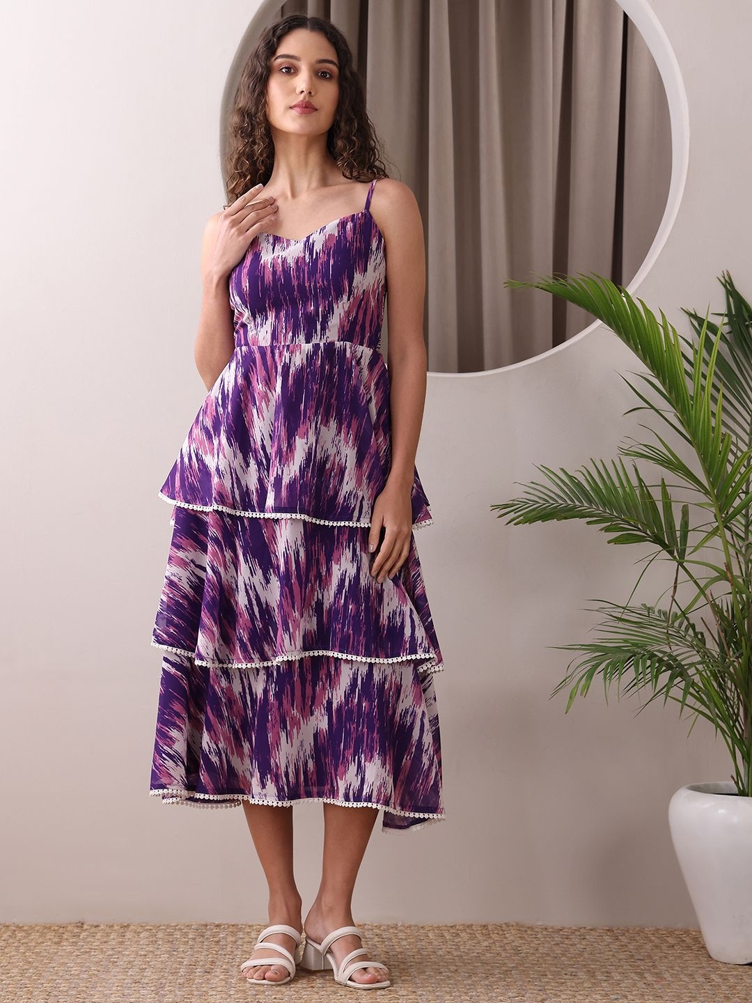 

OBSHIVKA Flow & Flair Printed Georgette Tiered Fit & Flare Midi Dress, Purple
