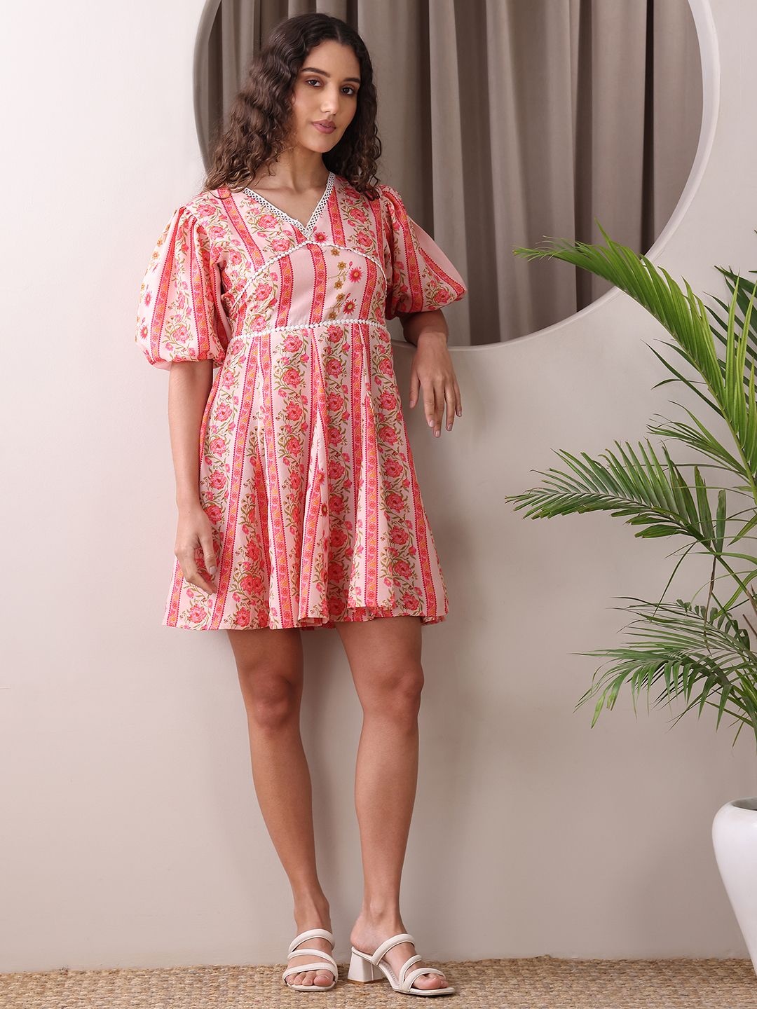 

OBSHIVKA Women Floral Printed Cotton Puff Sleeve Fit & Flare Mini Dress, Pink