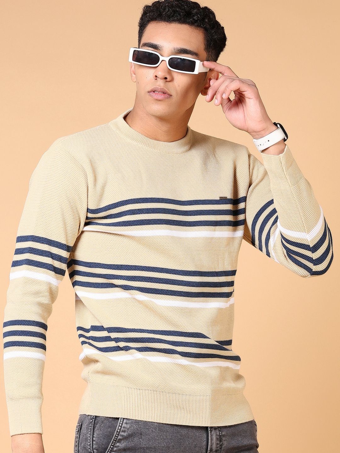 

V-Mart Men Striped Pullover, Beige