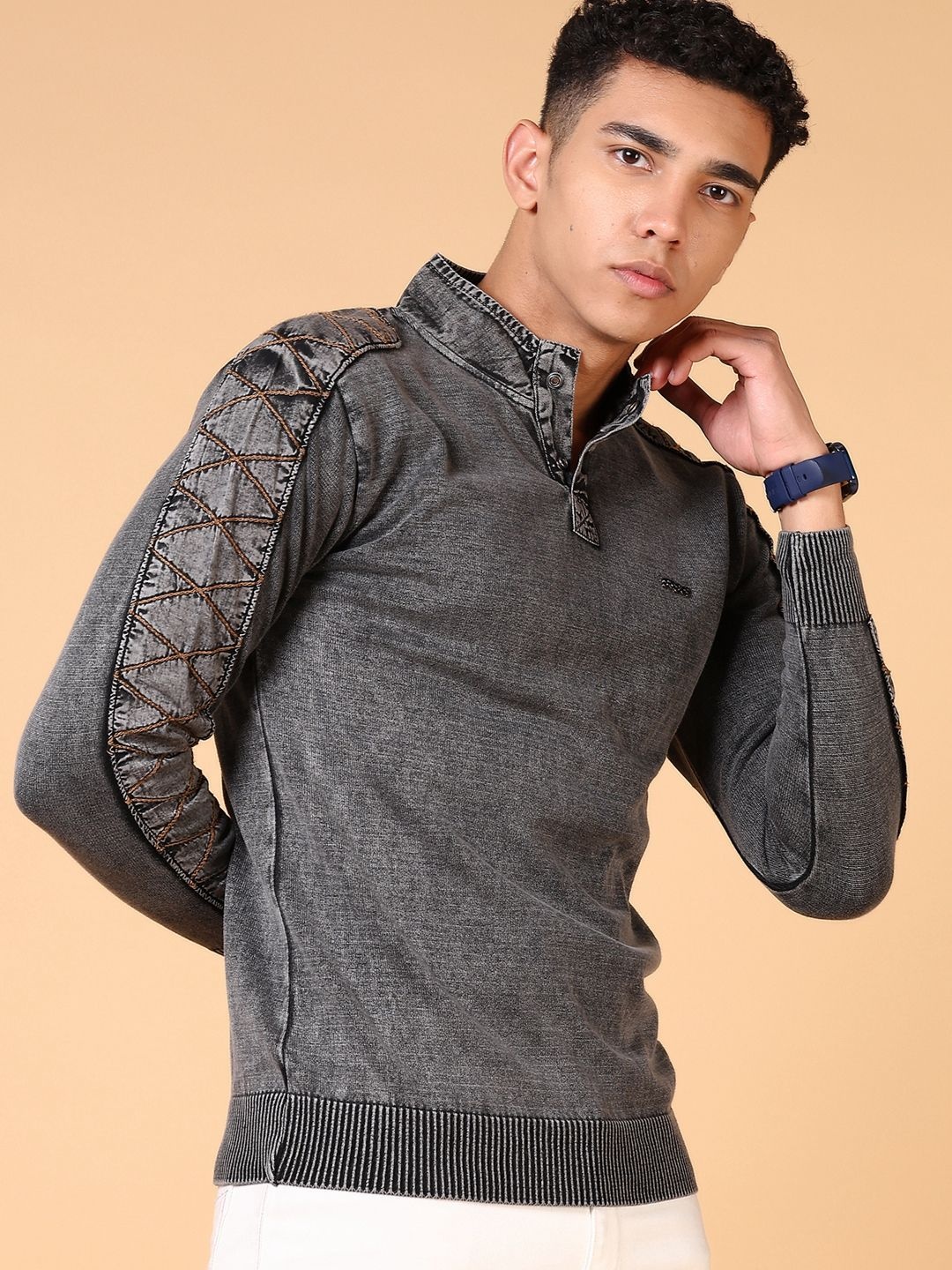 

V-Mart Men Henley Neck Pullover, Grey