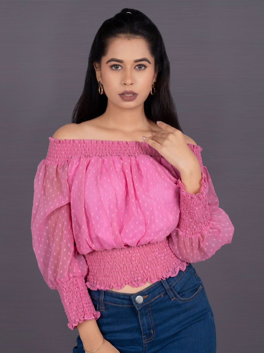 La Aimee Self Design Off-Shoulder Georgette Bardot Top, Pink