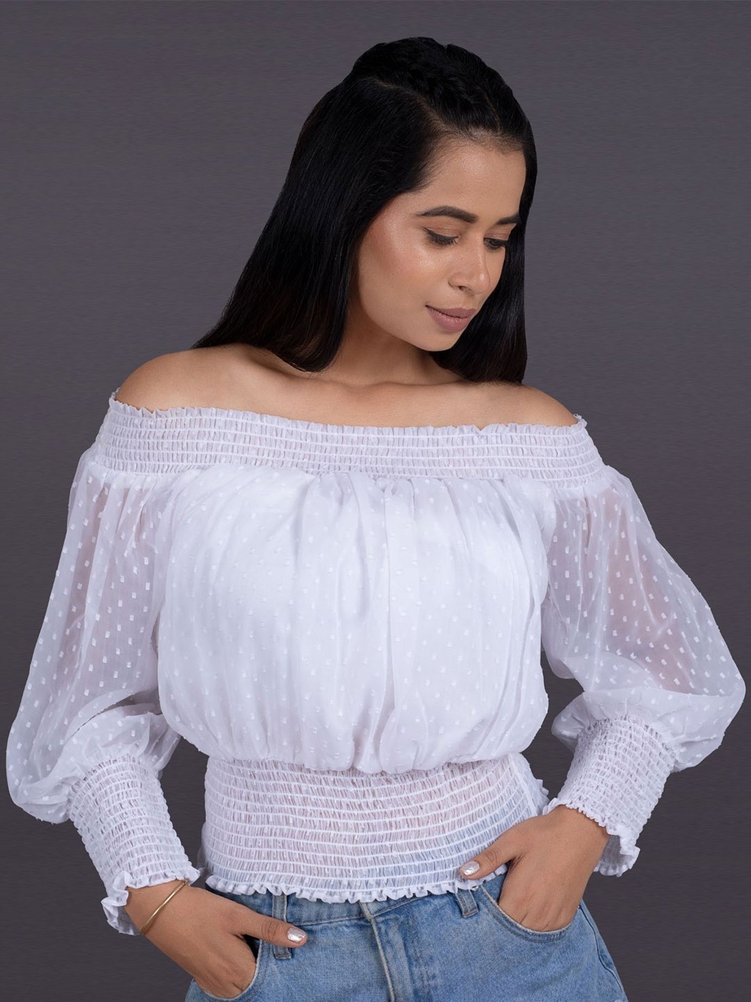 

La Aimee Off-Shoulder Georgette Top, White