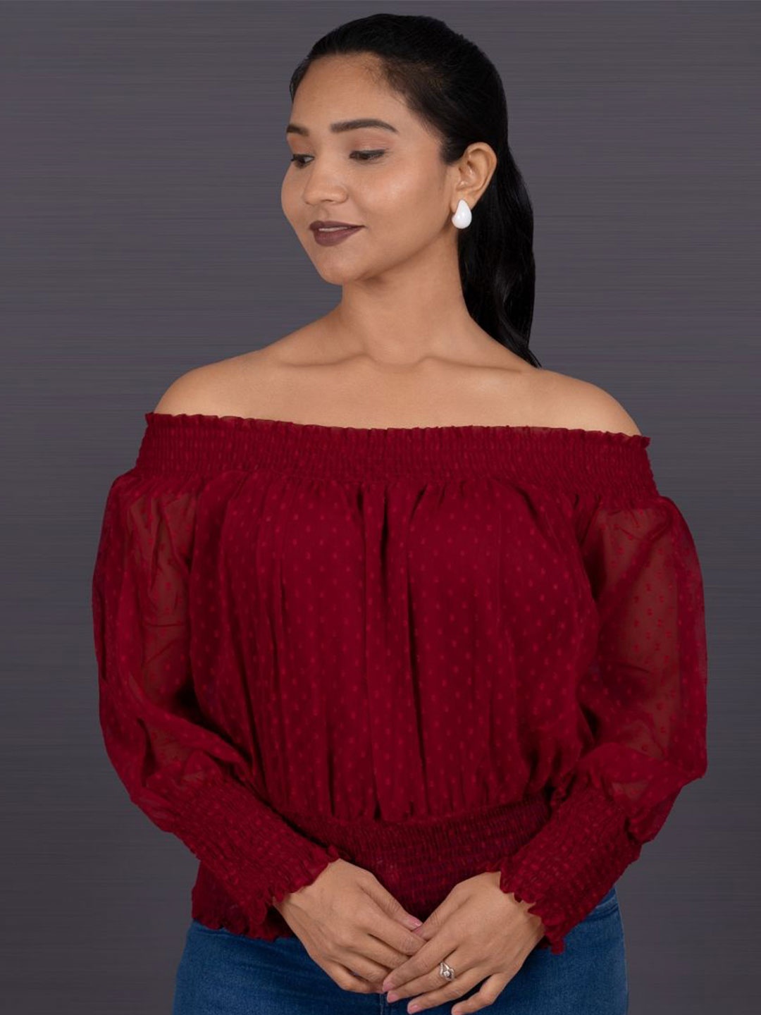 

La Aimee Off-Shoulder Smocking Bardot Top, Maroon